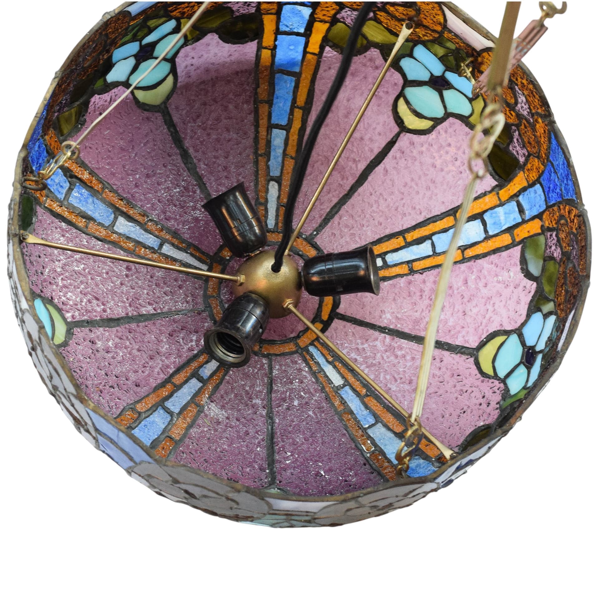 Chandelier Tiffany, multicolored stained glass, gold metal, 1950s - 388771