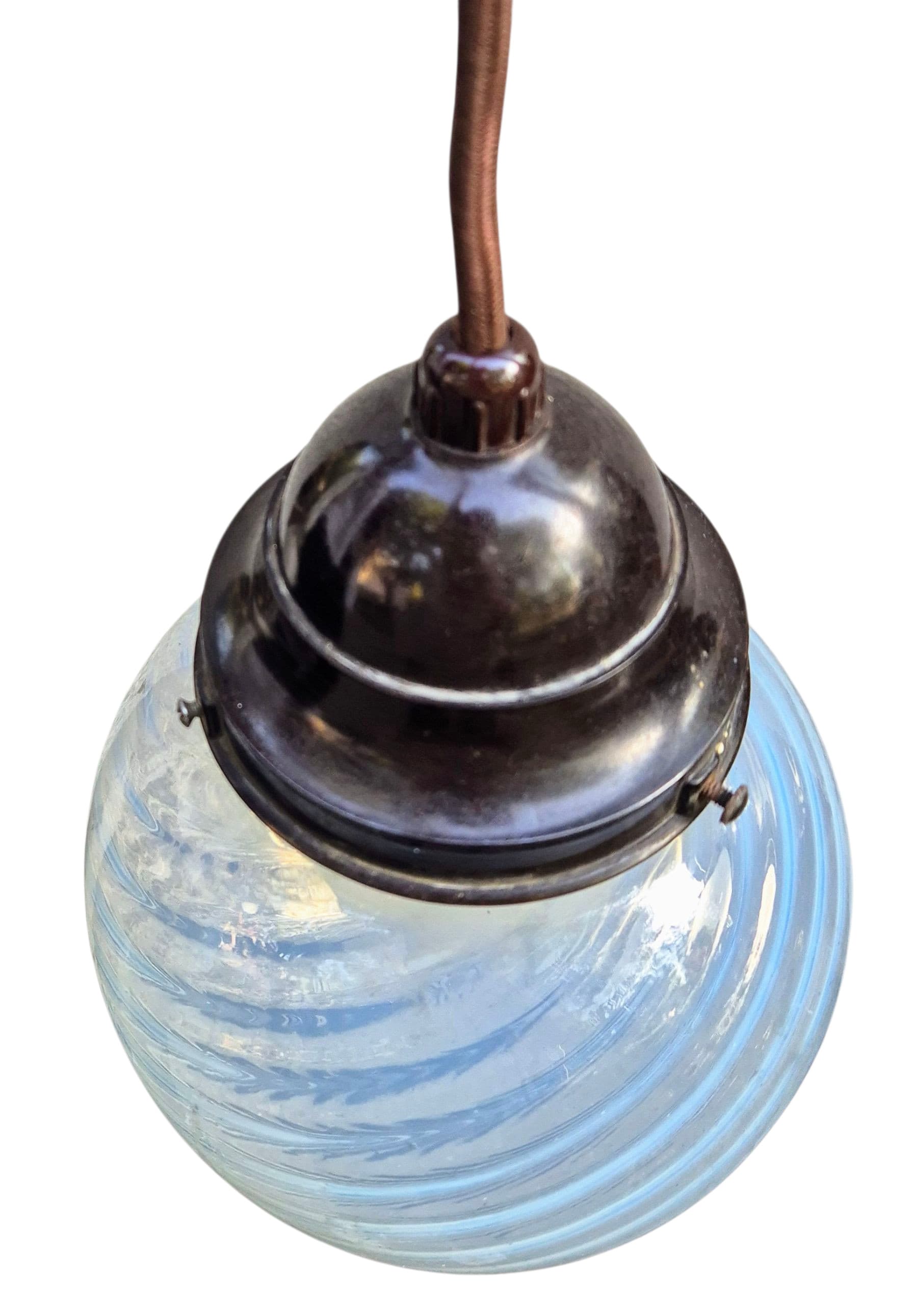 Ceiling lamp Art Deco, opal white blue glass, brown Bakelite, 1930s - 388793