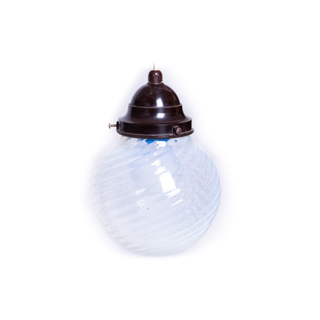 Ceiling lamp Art Deco, opal white blue glass, brown Bakelite, 1930s - 388788