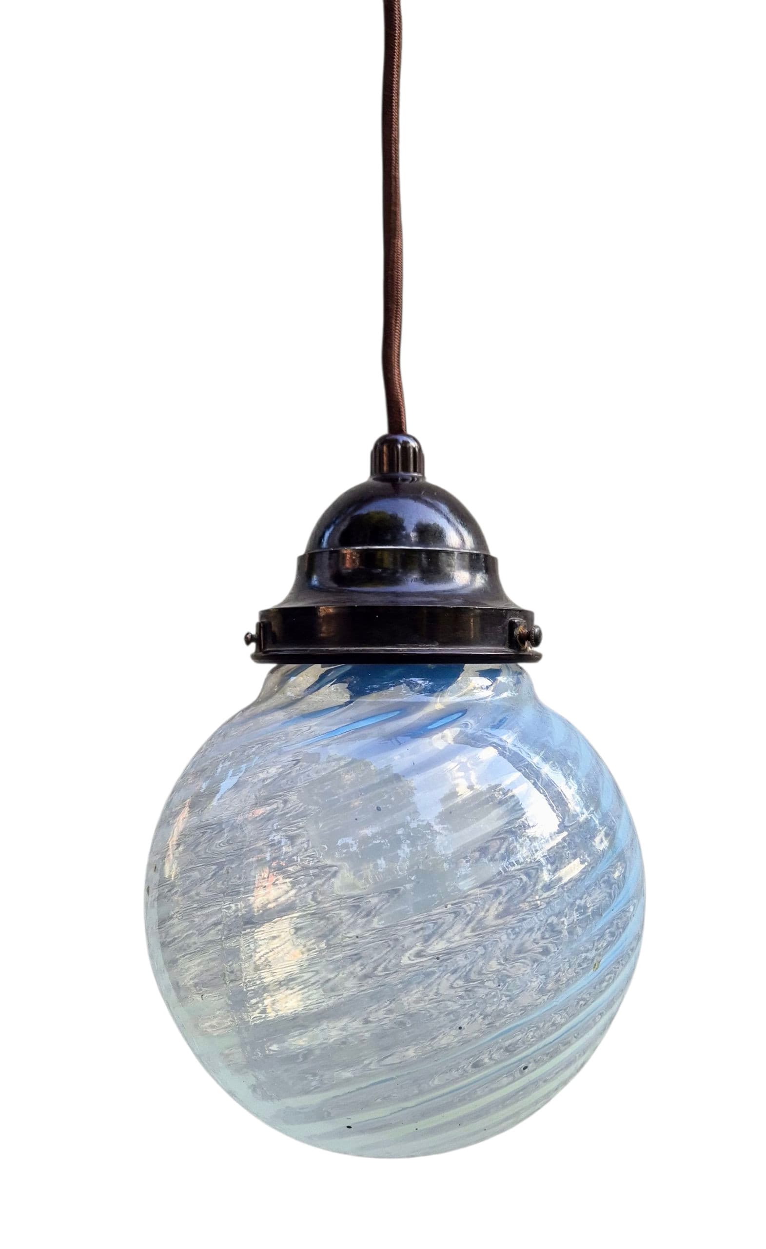 Ceiling lamp Art Deco, opal white blue glass, brown Bakelite, 1930s - 388795