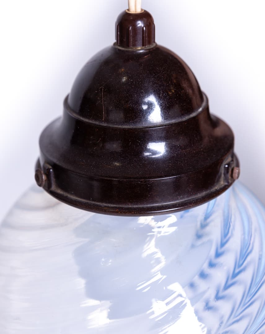 Ceiling lamp Art Deco, opal white blue glass, brown Bakelite, 1930s - 388790