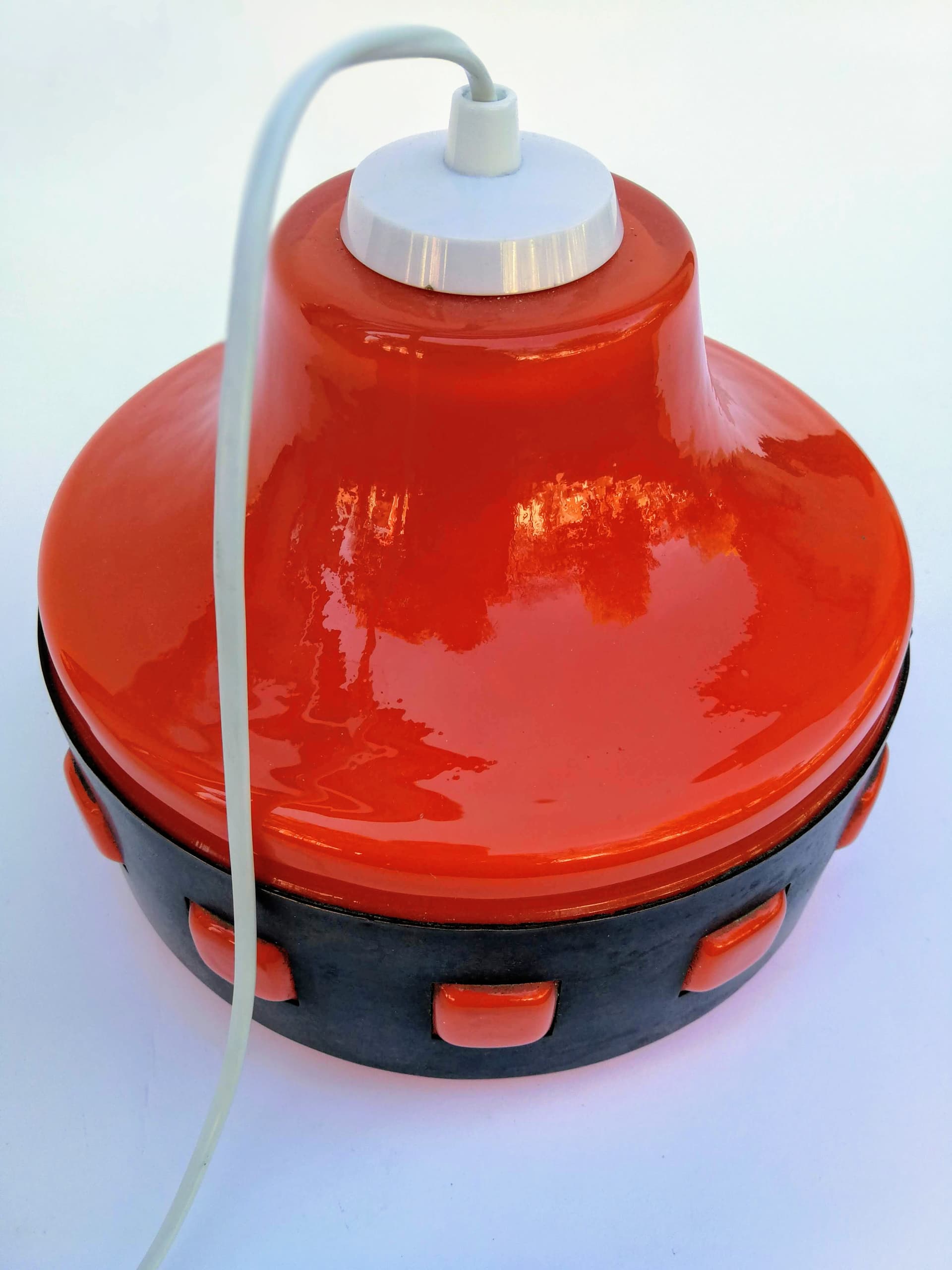 Pendant Lamp Space Age, orange glass, black metal, 1960s - 388812