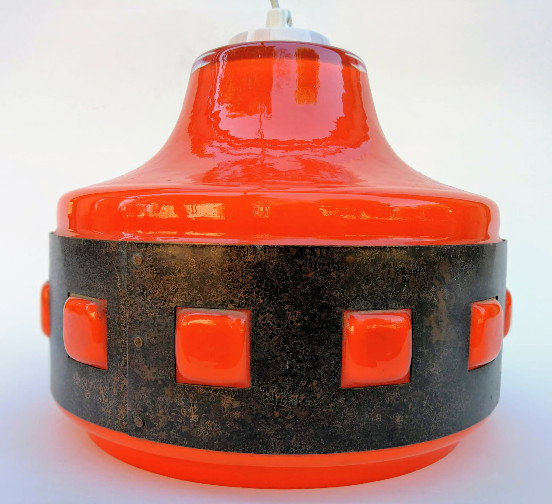 Pendant Lamp Space Age, orange glass, black metal, 1960s - 388815