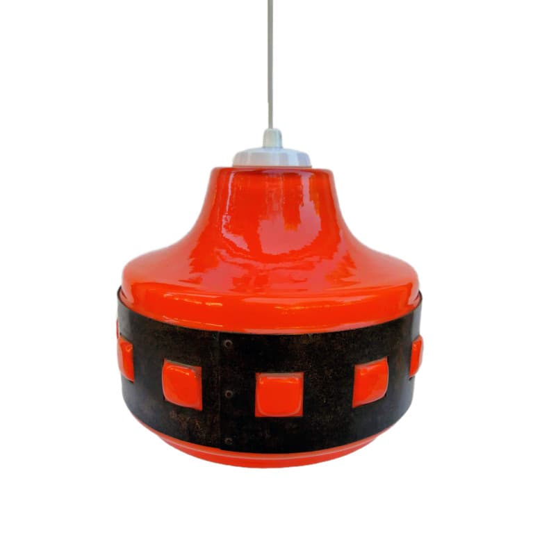 Pendant Lamp Space Age, orange glass, black metal, 1960s - 388817