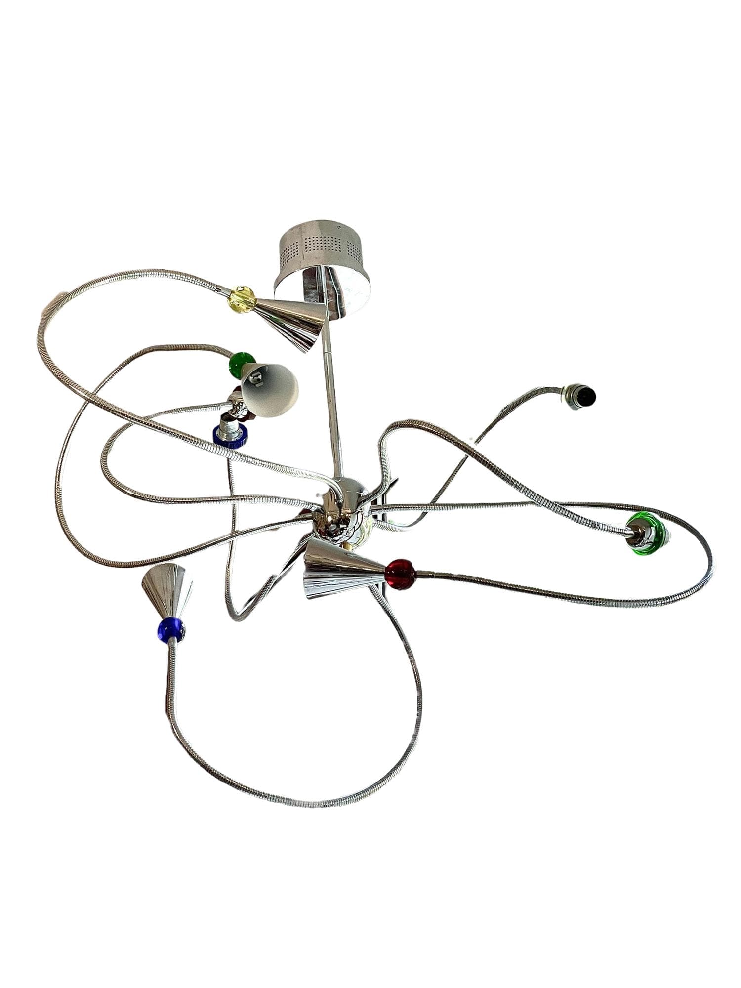 Postmodern Chandelier, chrome-plated silver steel, blue green red yellow transparent glass, 1990s
