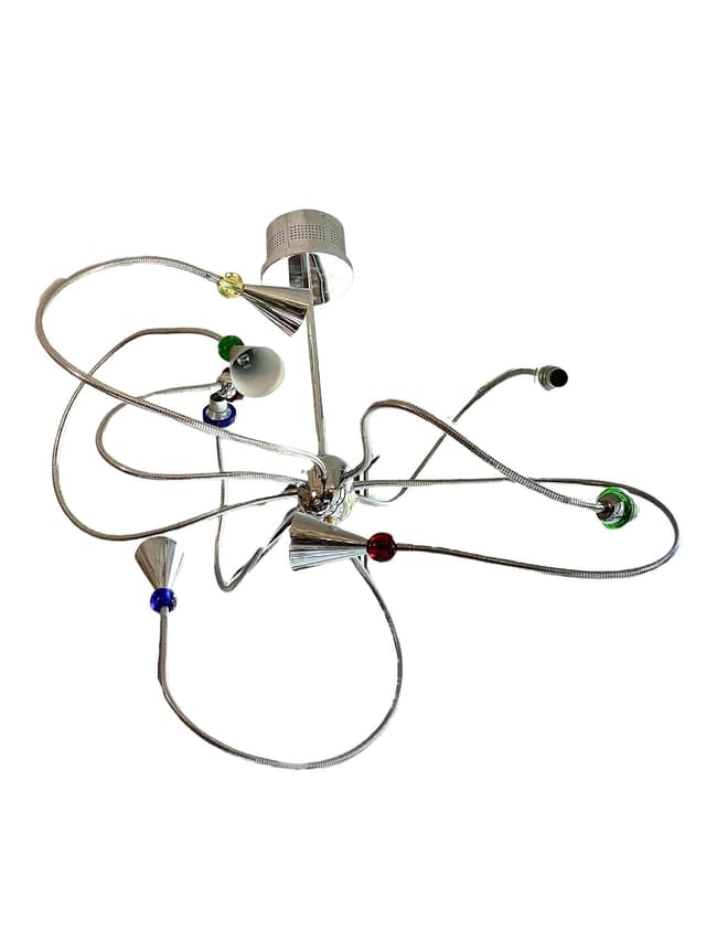 Postmodern Chandelier, chrome-plated silver steel, blue green red yellow transparent glass, 1990s - DIMENSION