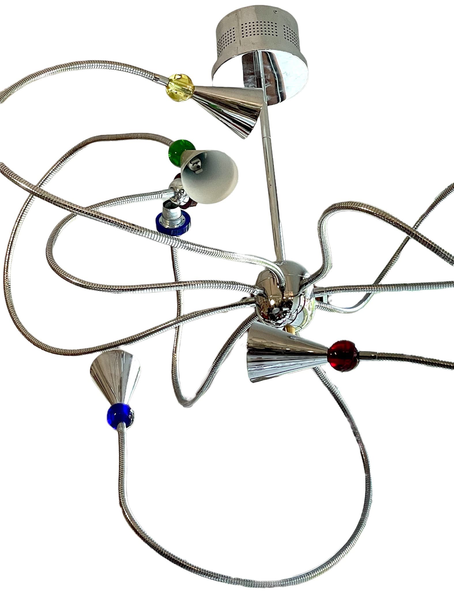 Postmodern Chandelier, chrome-plated silver steel, blue green red yellow transparent glass, 1990s - 388852