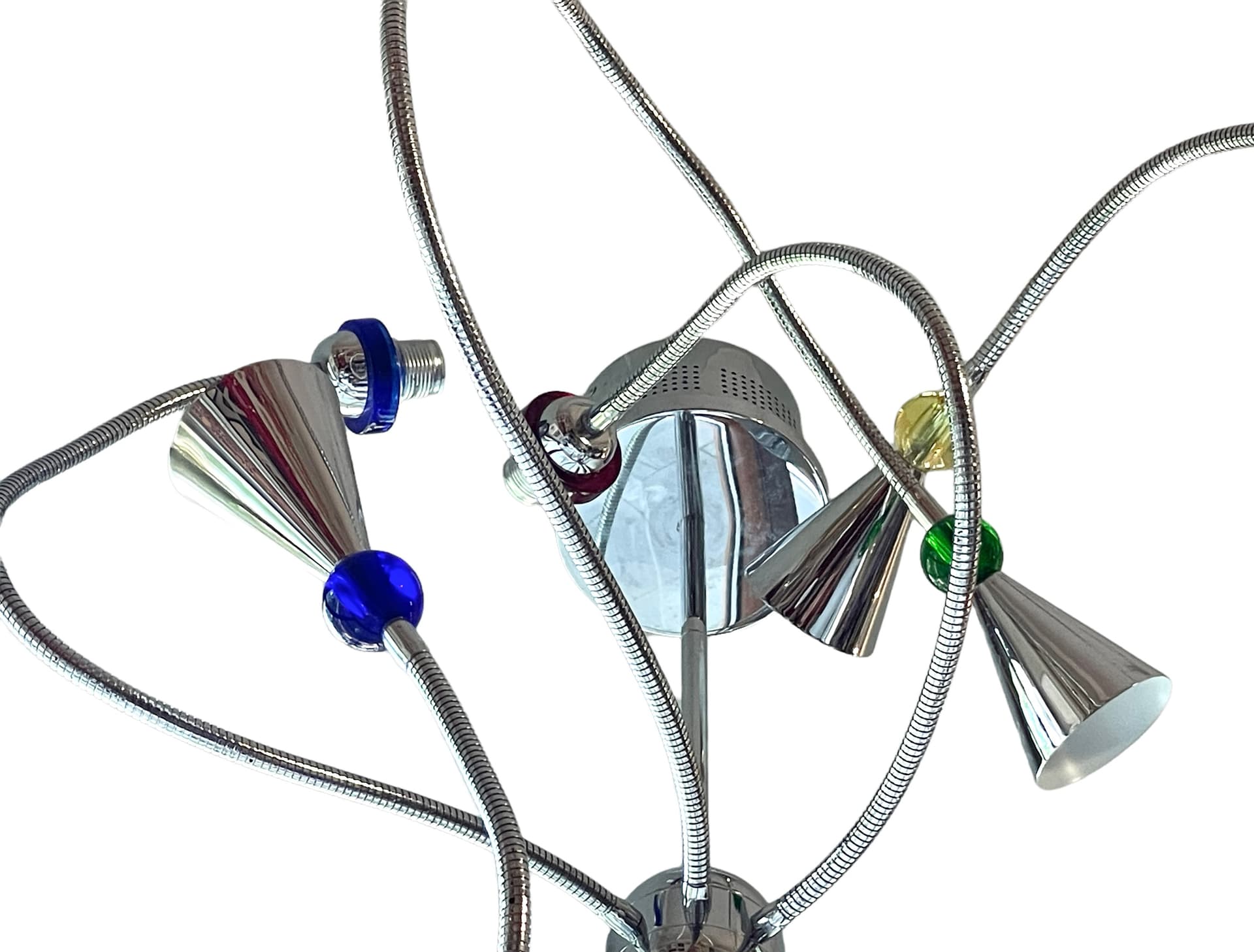 Postmodern Chandelier, chrome-plated silver steel, blue green red yellow transparent glass, 1990s - 388851