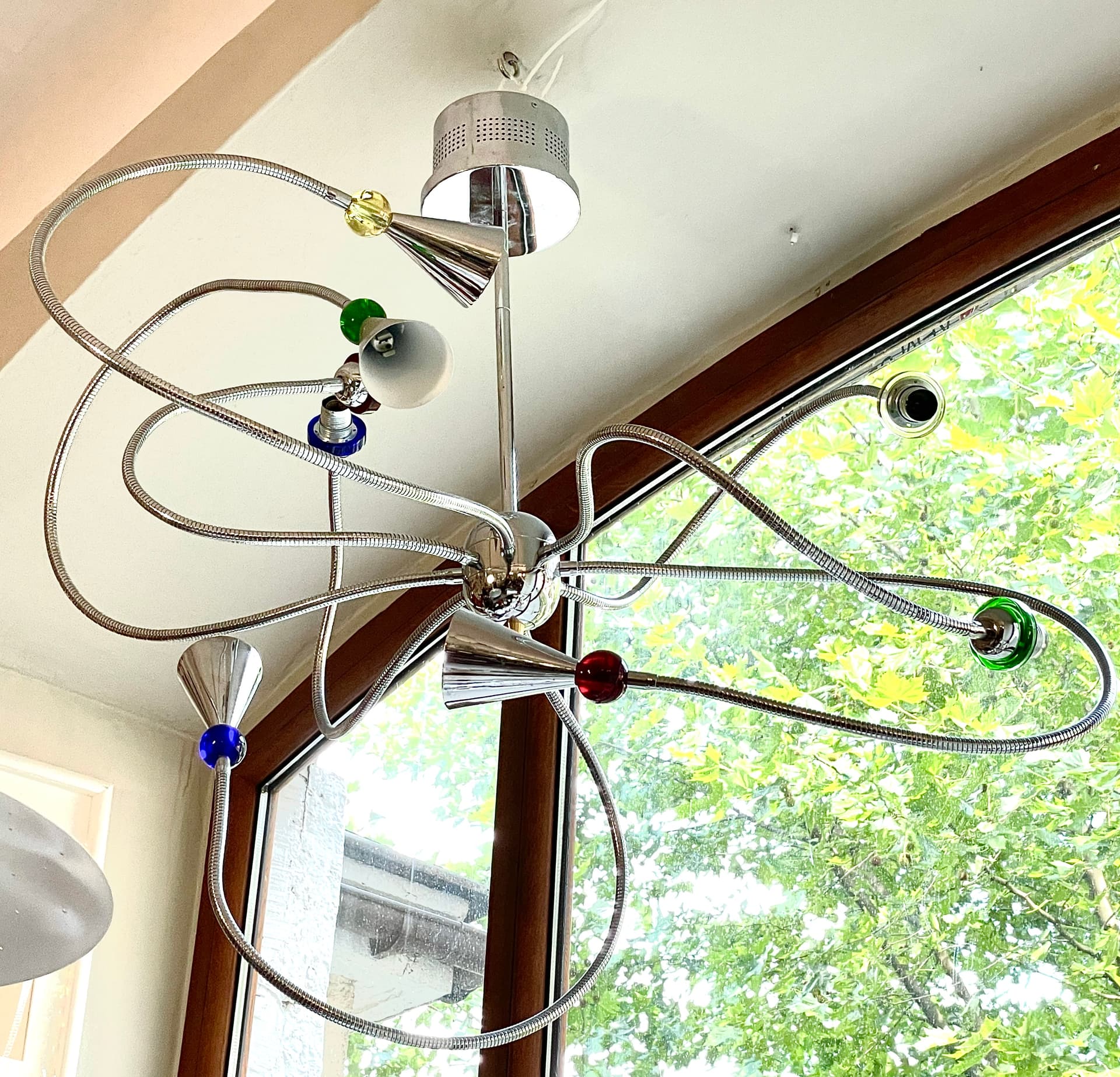 Postmodern Chandelier, chrome-plated silver steel, blue green red yellow transparent glass, 1990s - 388855