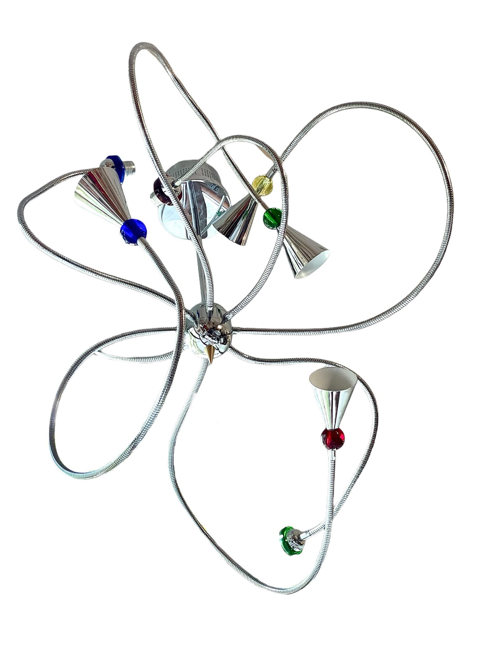 Postmodern Chandelier, chrome-plated silver steel, blue green red yellow transparent glass, 1990s - 388854