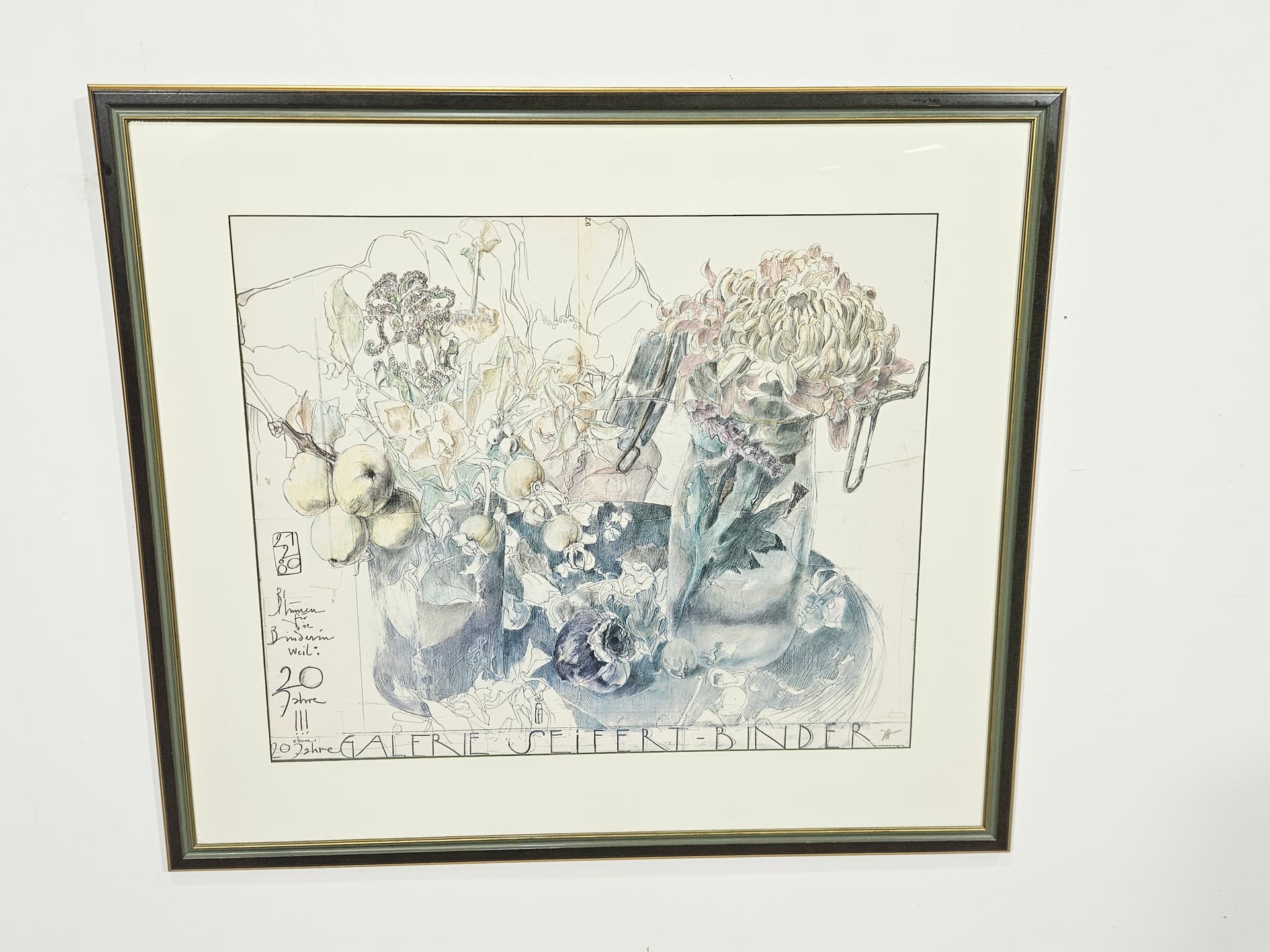 Grafika Blumen für die Binderin weil..., papier szary, proj. H. Janssen, Niemcy, lata 80. - 388875
