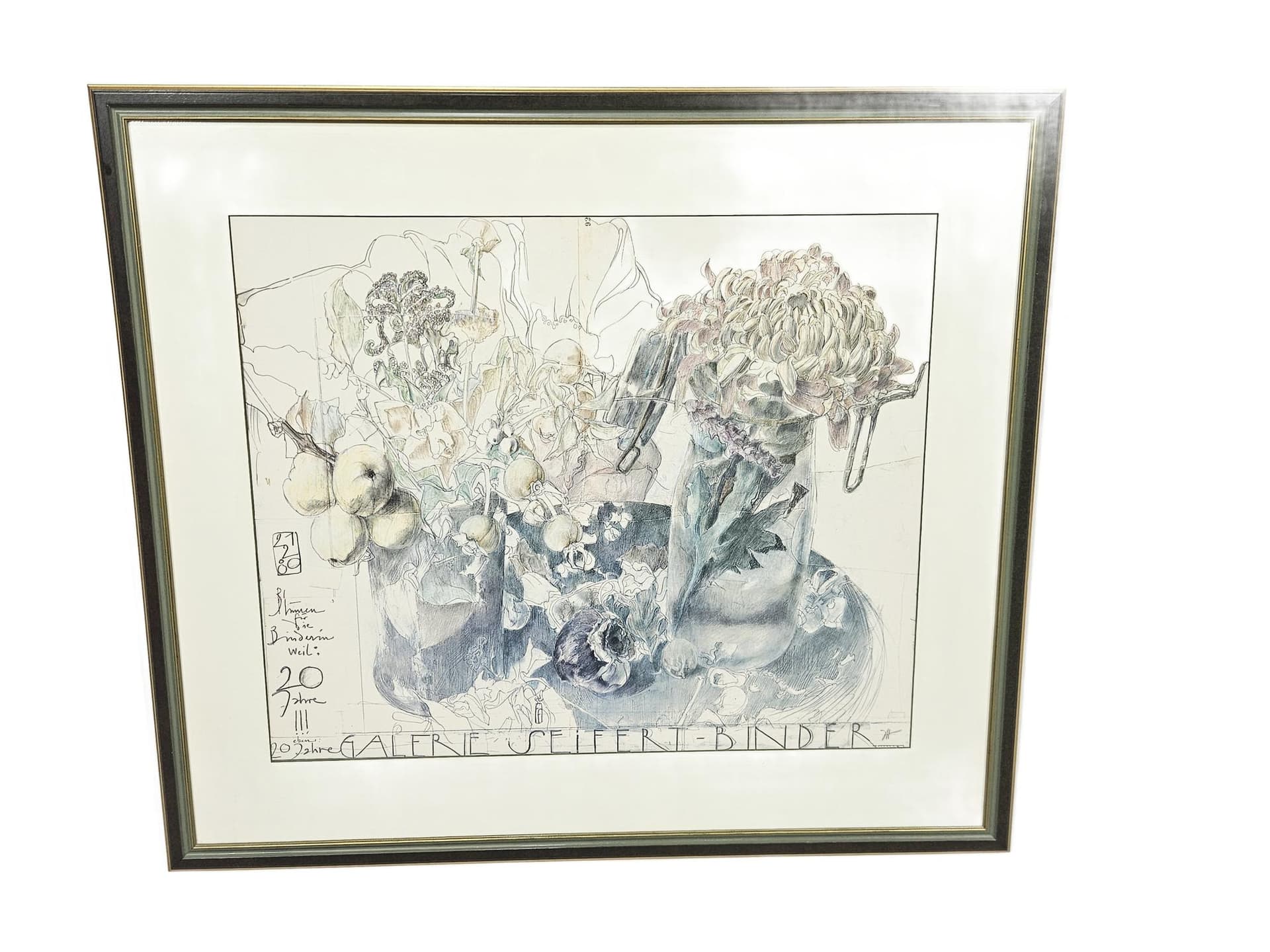 Grafika Blumen für die Binderin weil..., papier szary, proj. H. Janssen, Niemcy, lata 80.