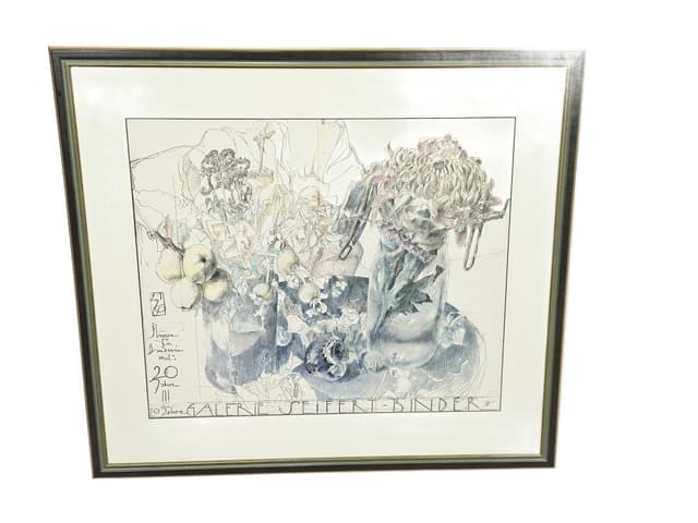 Grafika Blumen für die Binderin weil..., papier szary, proj. H. Janssen, Niemcy, lata 80. - WYMIARY