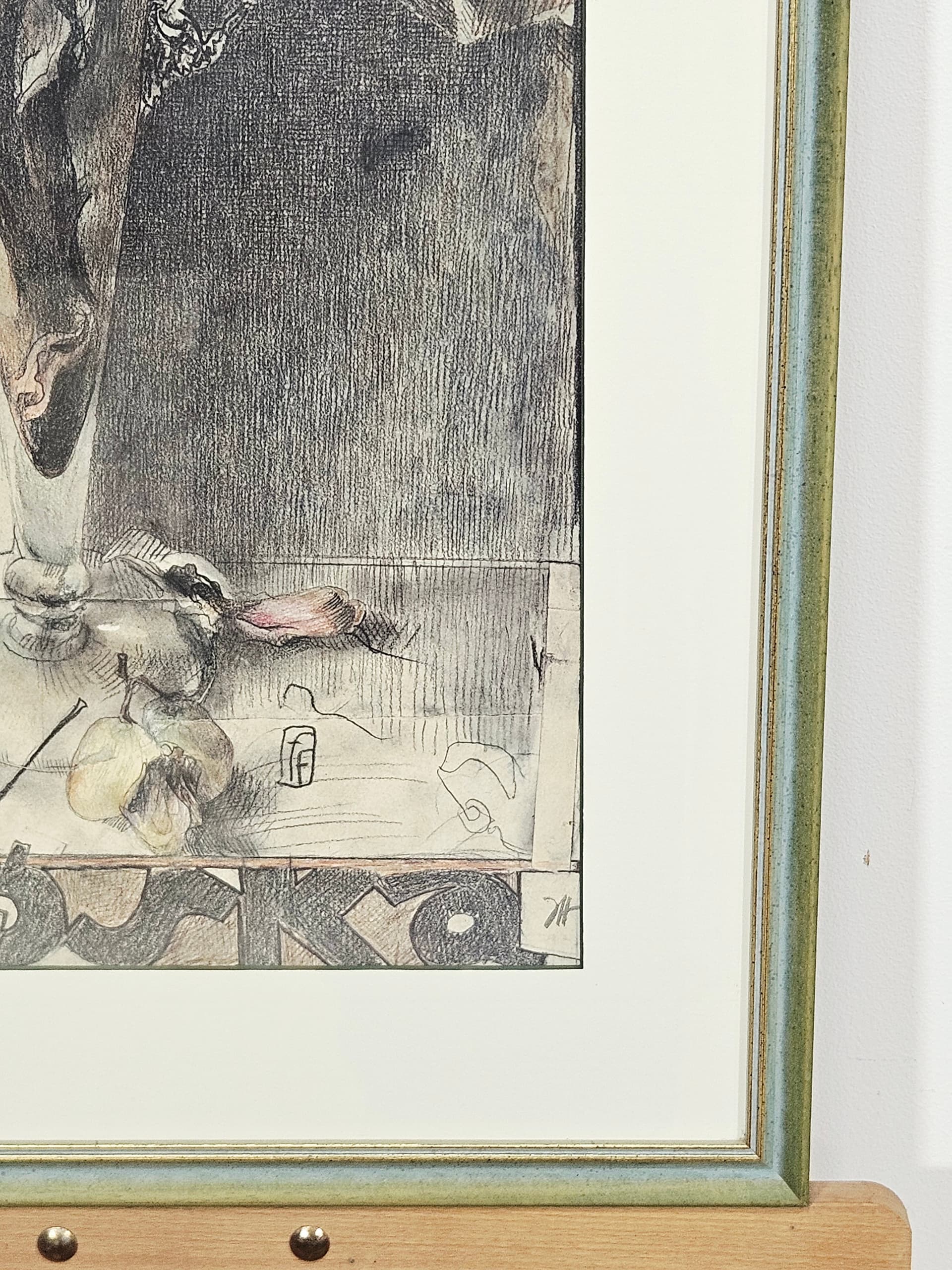 Grafika Blumen für eine lange Reise, papier szary, szkło zielony, art. H. Janssen, Niemcy, lata 70., 93,5x50,5 cm - 388915