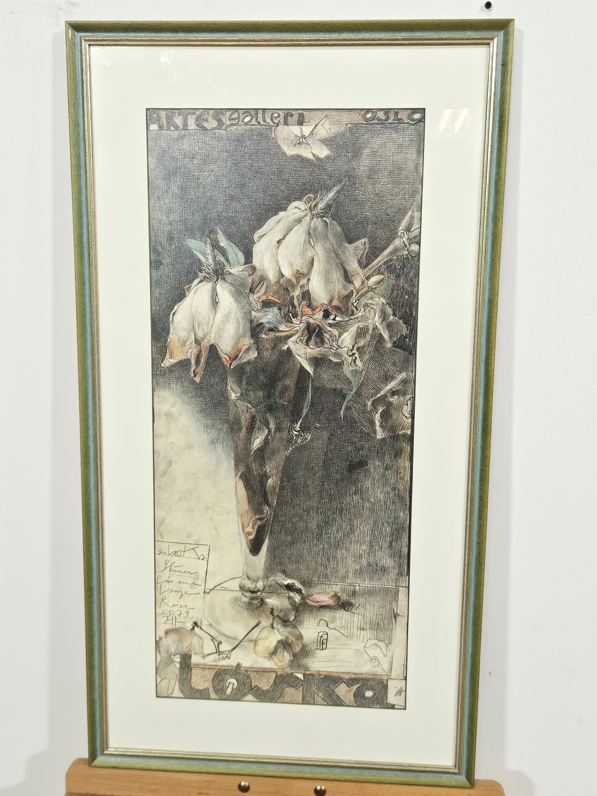 Grafika Blumen für eine lange Reise, papier szary, szkło zielony, art. H. Janssen, Niemcy, lata 70., 93,5x50,5 cm - 388904