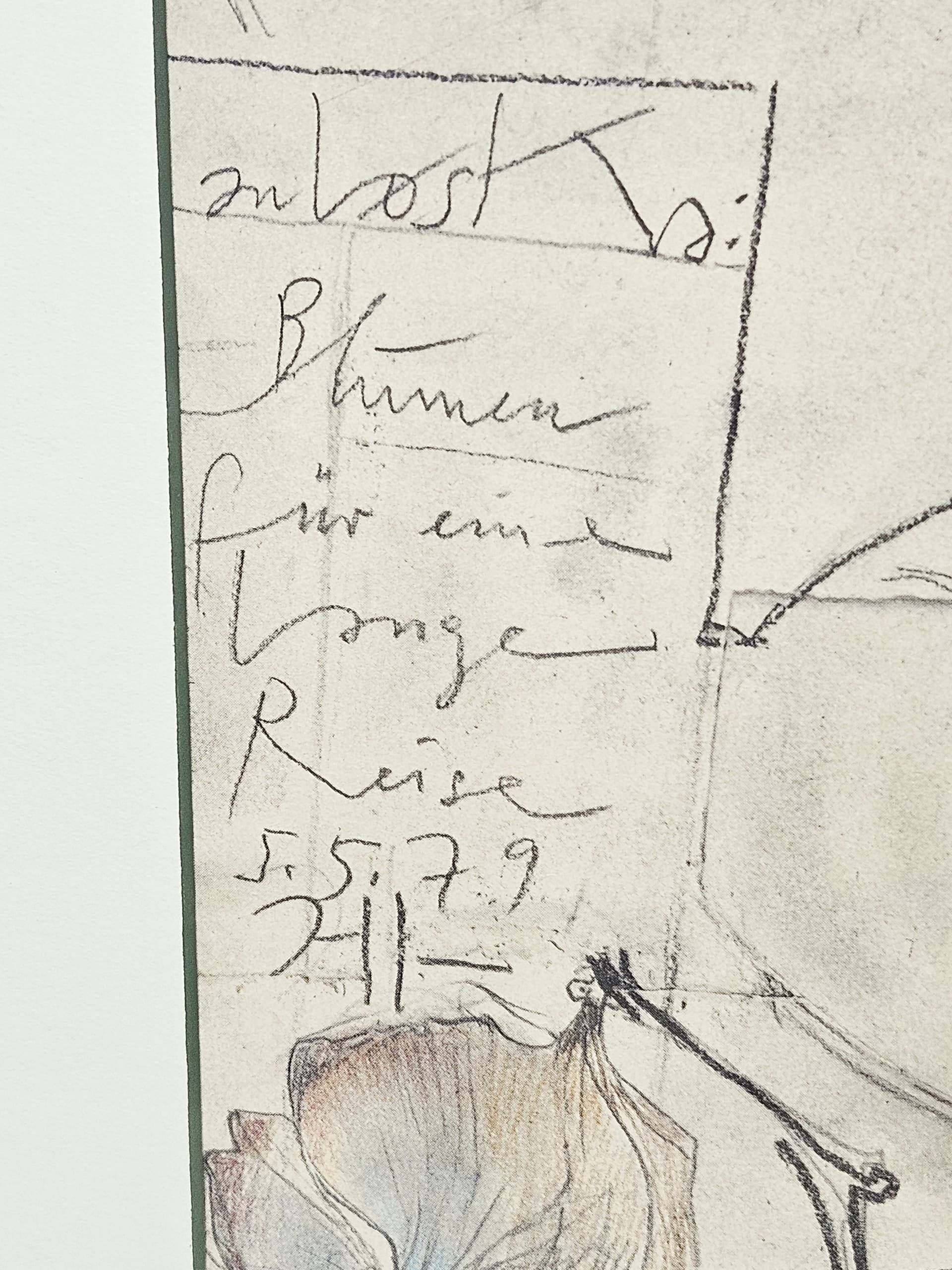 Grafika Blumen für eine lange Reise, papier szary, szkło zielony, art. H. Janssen, Niemcy, lata 70., 93,5x50,5 cm - 388906