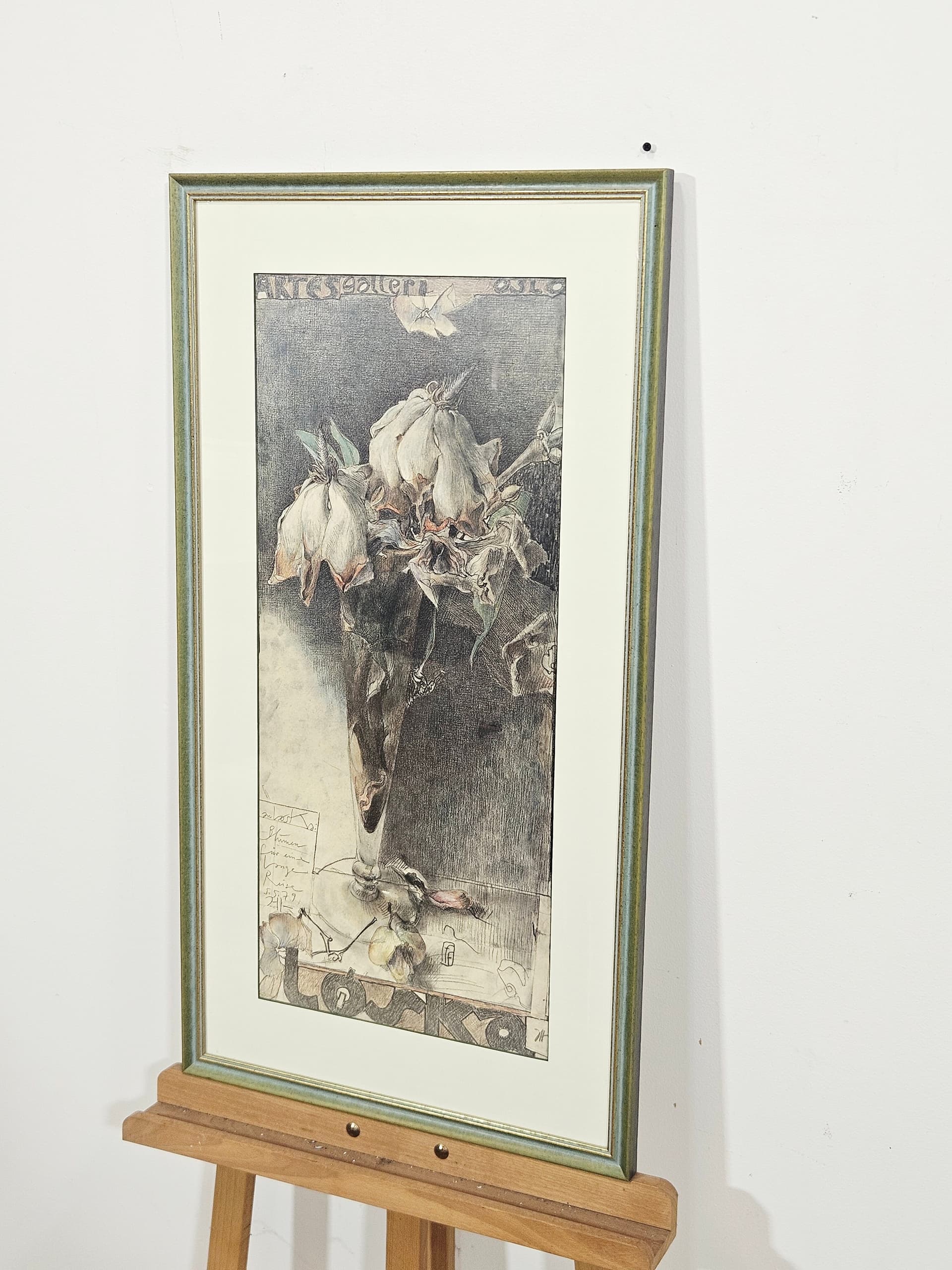 Grafika Blumen für eine lange Reise, papier szary, szkło zielony, art. H. Janssen, Niemcy, lata 70., 93,5x50,5 cm - 388916