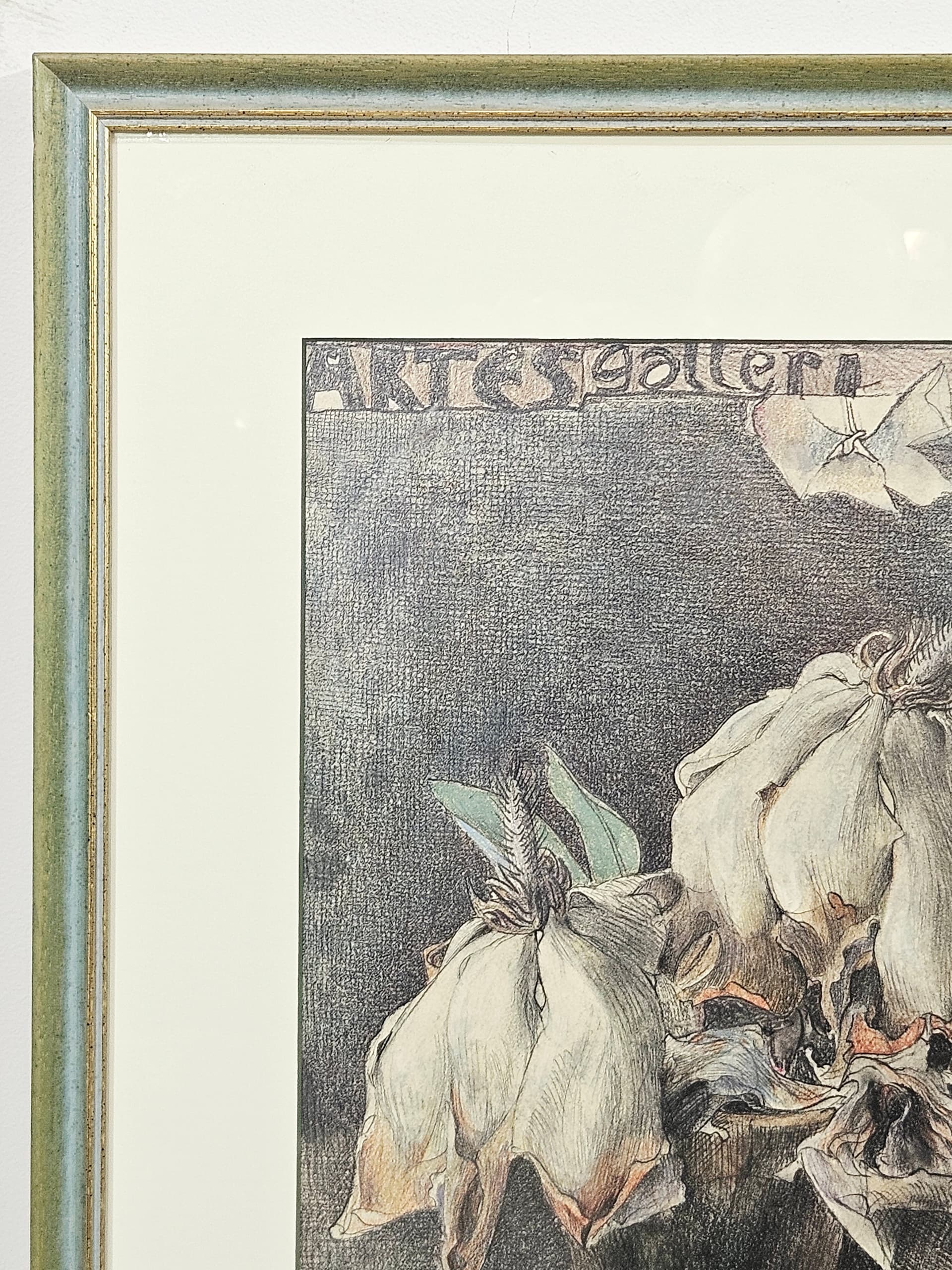 Grafika Blumen für eine lange Reise, papier szary, szkło zielony, art. H. Janssen, Niemcy, lata 70., 93,5x50,5 cm - 388914