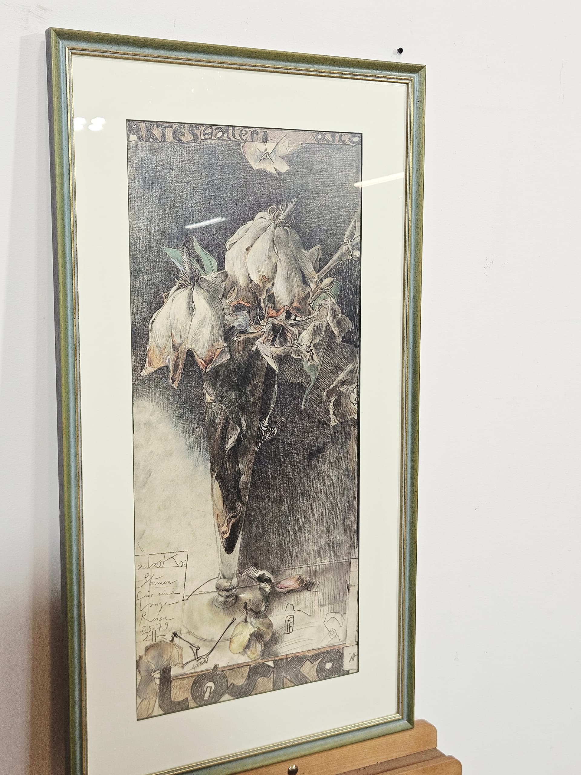 Grafika Blumen für eine lange Reise, papier szary, szkło zielony, art. H. Janssen, Niemcy, lata 70., 93,5x50,5 cm - 388917