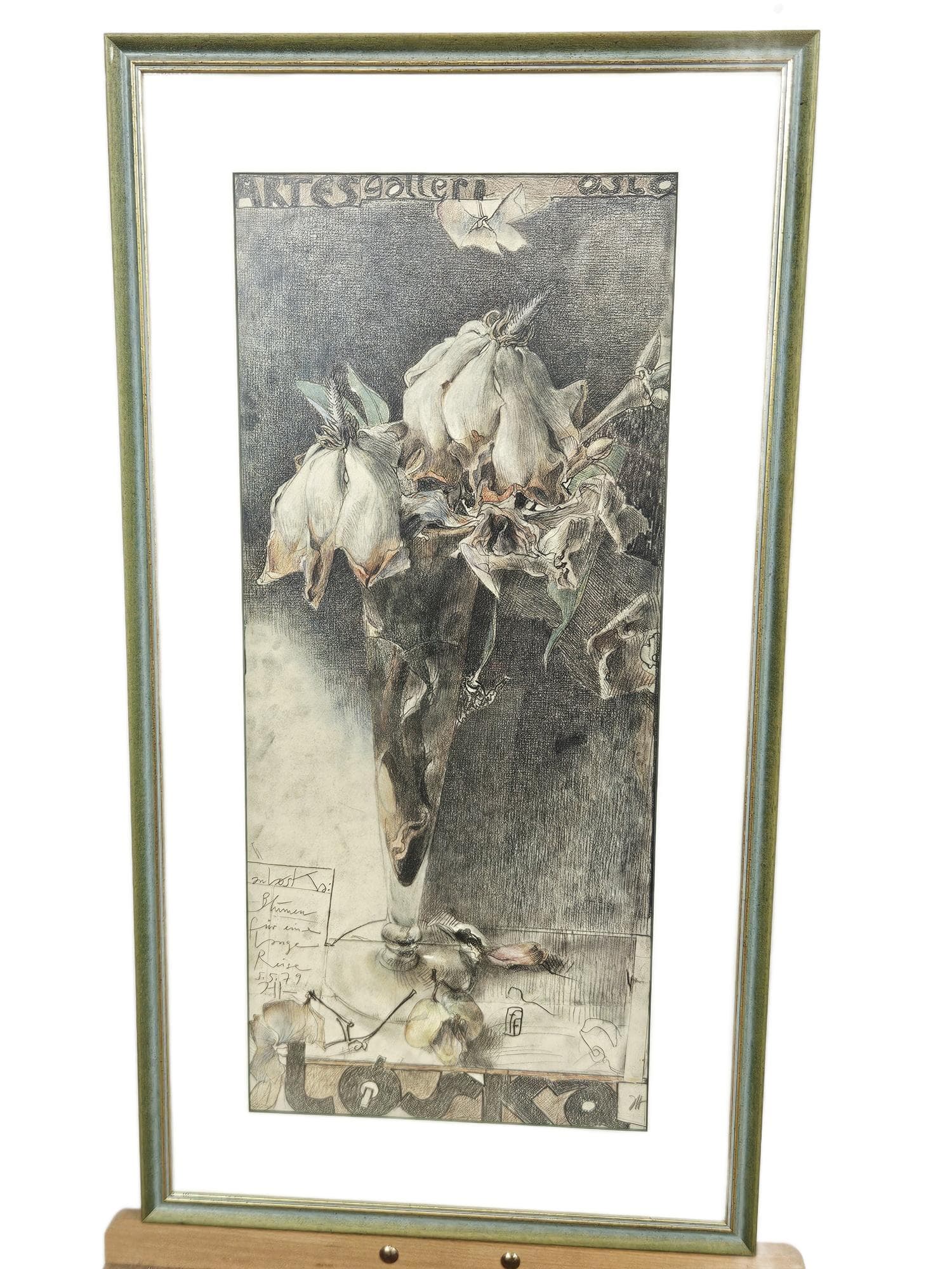 Grafika Blumen für eine lange Reise, papier szary, szkło zielony, art. H. Janssen, Niemcy, lata 70., 93,5x50,5 cm