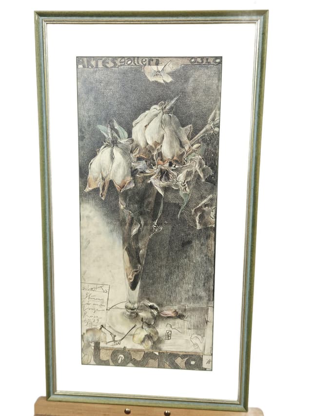 Grafika Blumen für eine lange Reise, papier szary, szkło zielony, art. H. Janssen, Niemcy, lata 70., 93,5x50,5 cm - WYMIARY