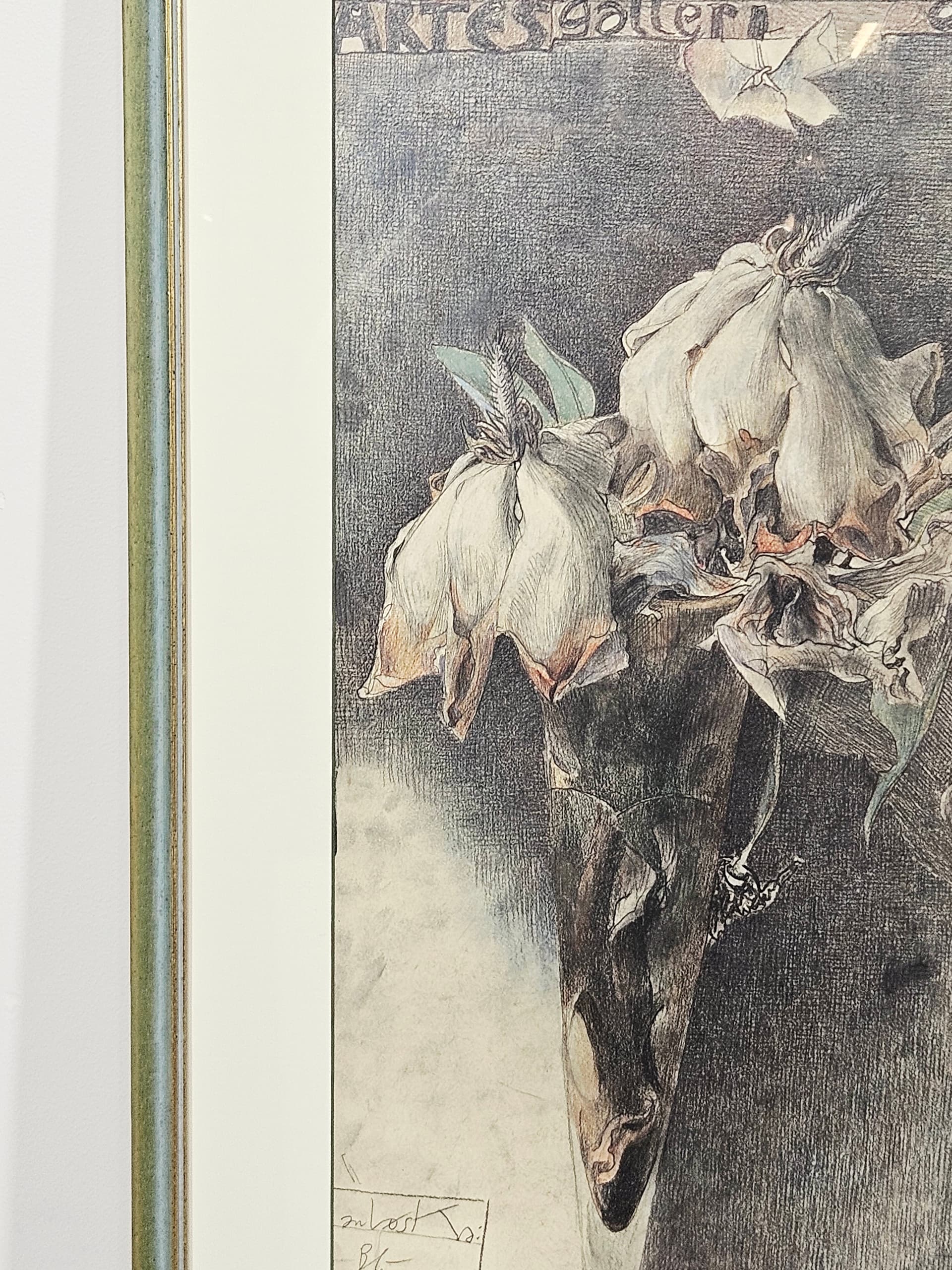 Grafika Blumen für eine lange Reise, papier szary, szkło zielony, art. H. Janssen, Niemcy, lata 70., 93,5x50,5 cm - 388912
