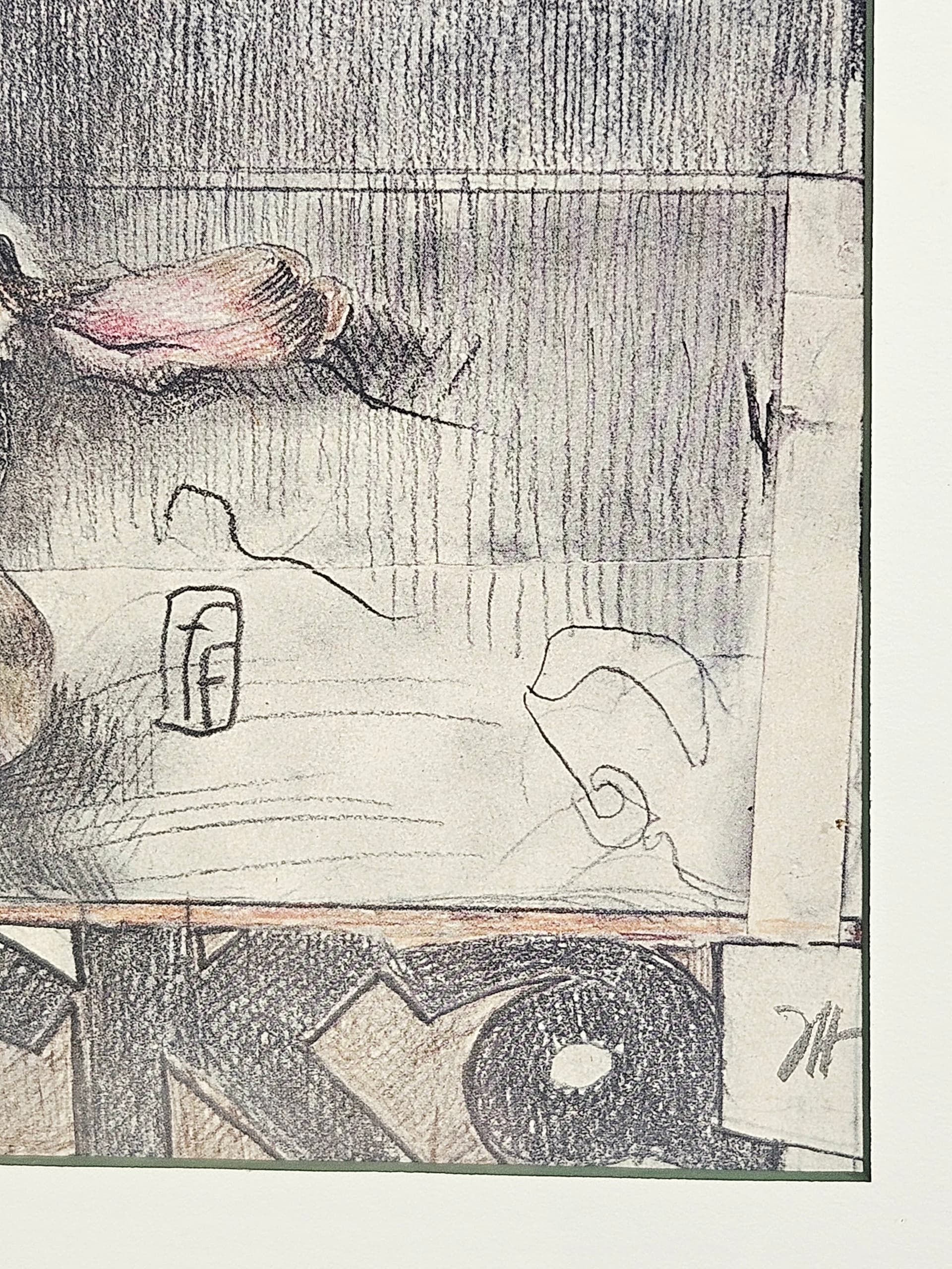 Grafika Blumen für eine lange Reise, papier szary, szkło zielony, art. H. Janssen, Niemcy, lata 70., 93,5x50,5 cm - 388910