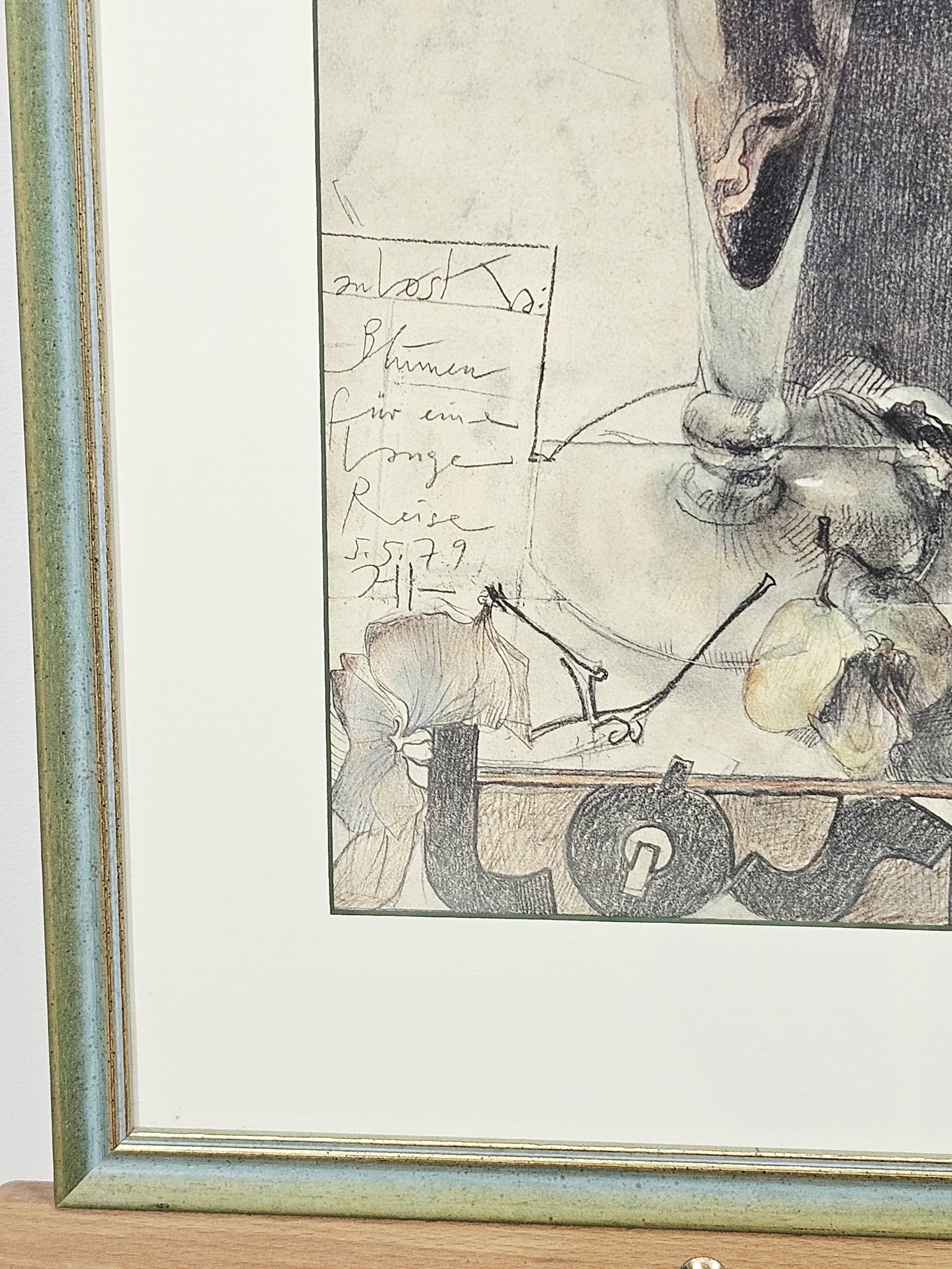Grafika Blumen für eine lange Reise, papier szary, szkło zielony, art. H. Janssen, Niemcy, lata 70., 93,5x50,5 cm - 388911