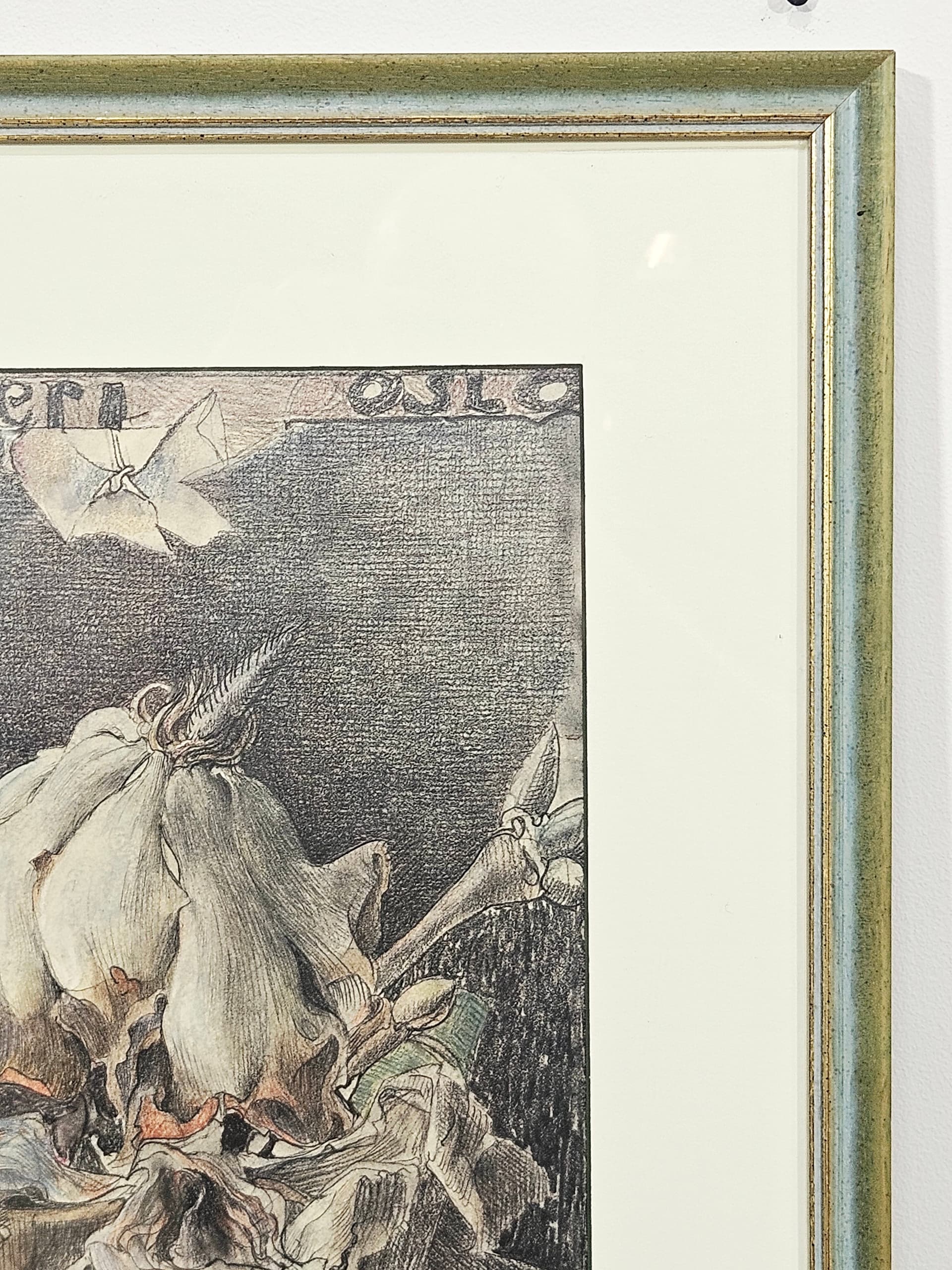 Grafika Blumen für eine lange Reise, papier szary, szkło zielony, art. H. Janssen, Niemcy, lata 70., 93,5x50,5 cm - 388909