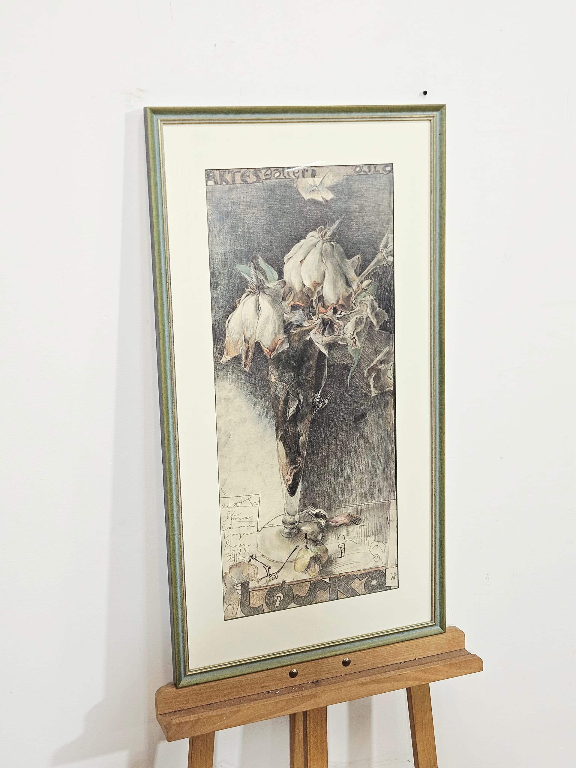 Grafika Blumen für eine lange Reise, papier szary, szkło zielony, art. H. Janssen, Niemcy, lata 70., 93,5x50,5 cm - 388913