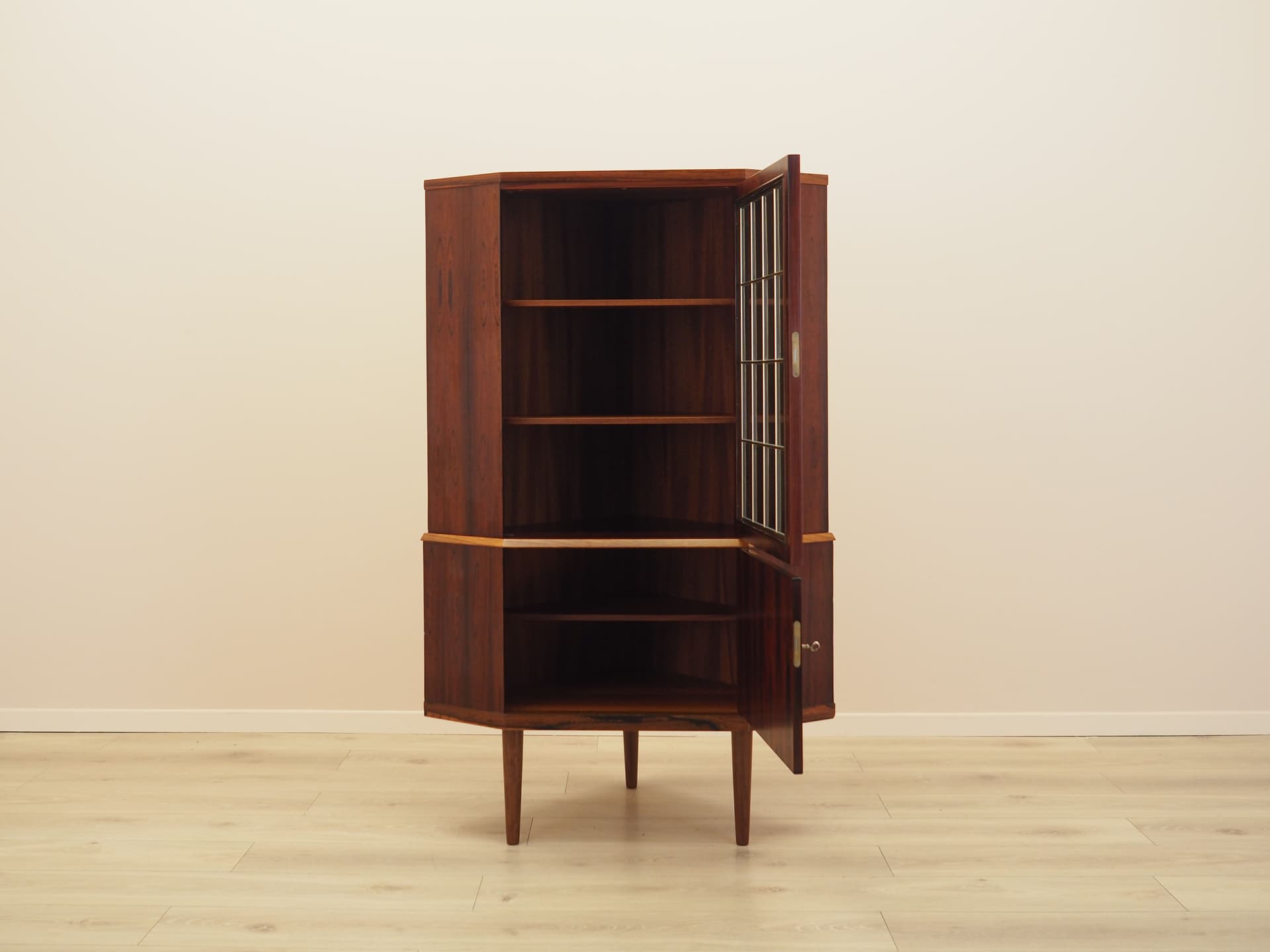 Corner display cabinet, brown rosewood, glass, beige ash, Denmark, 1970s. - 389018