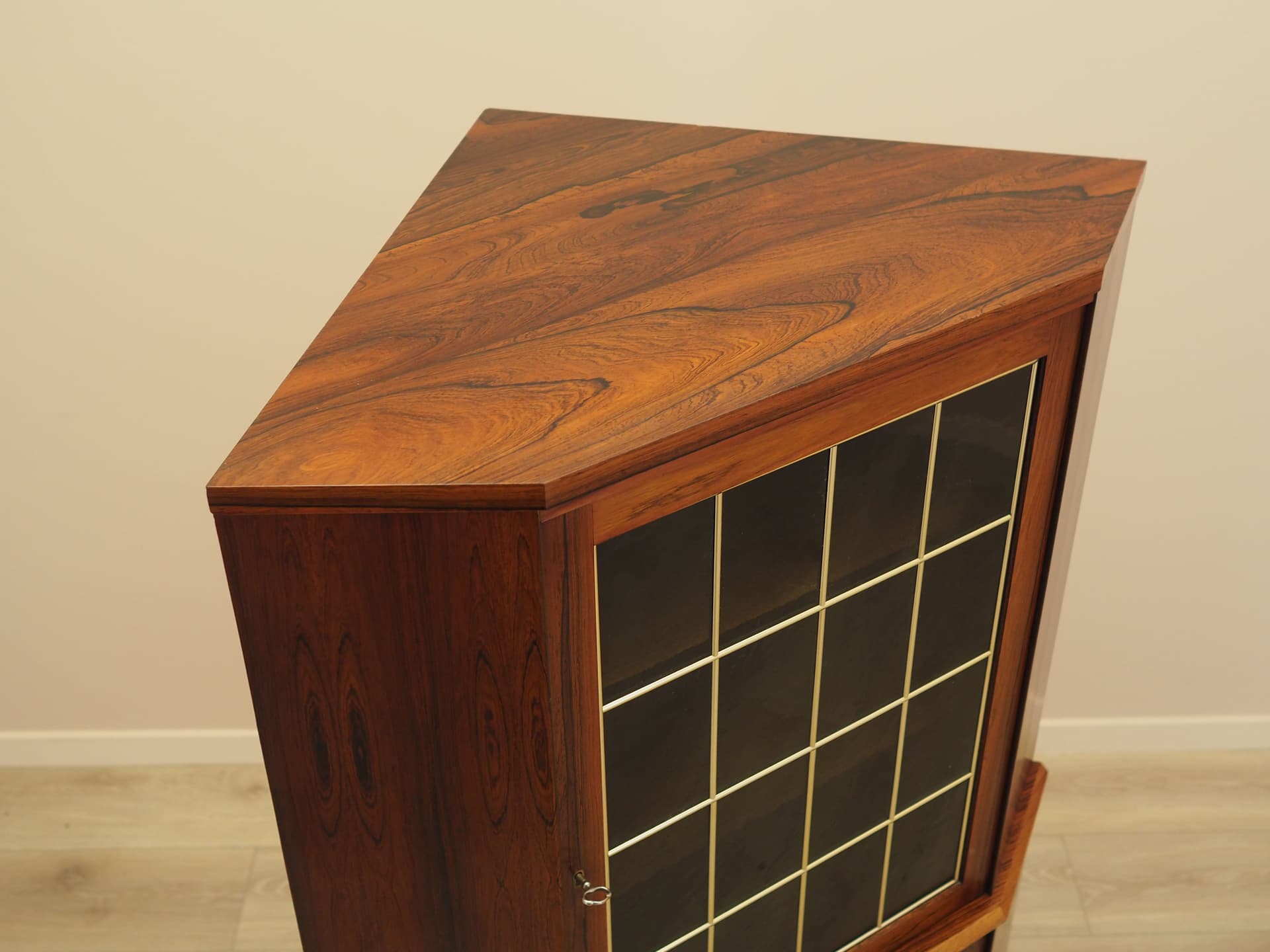 Corner display cabinet, brown rosewood, glass, beige ash, Denmark, 1970s. - 389021