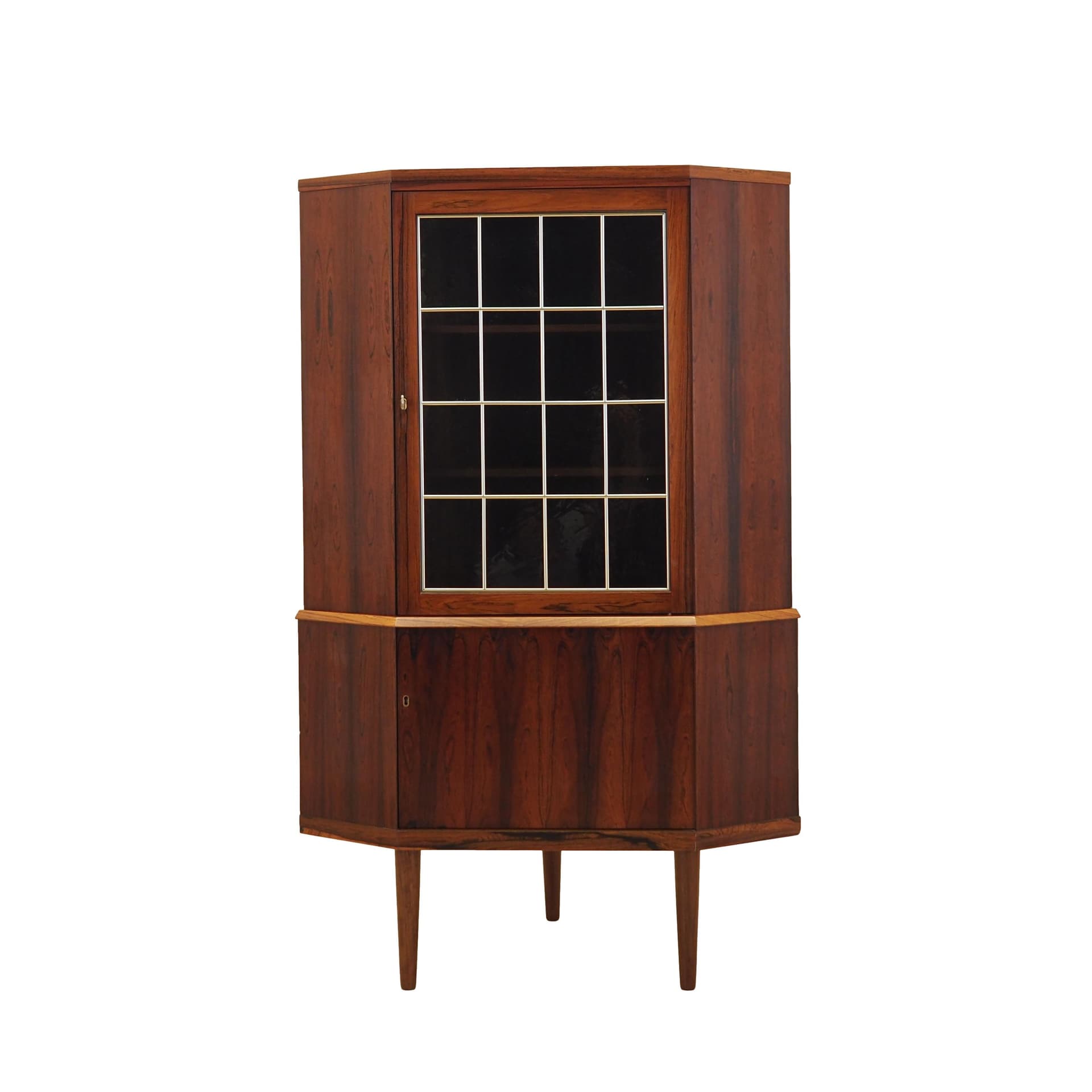 Corner display cabinet, brown rosewood, glass, beige ash, Denmark, 1970s.