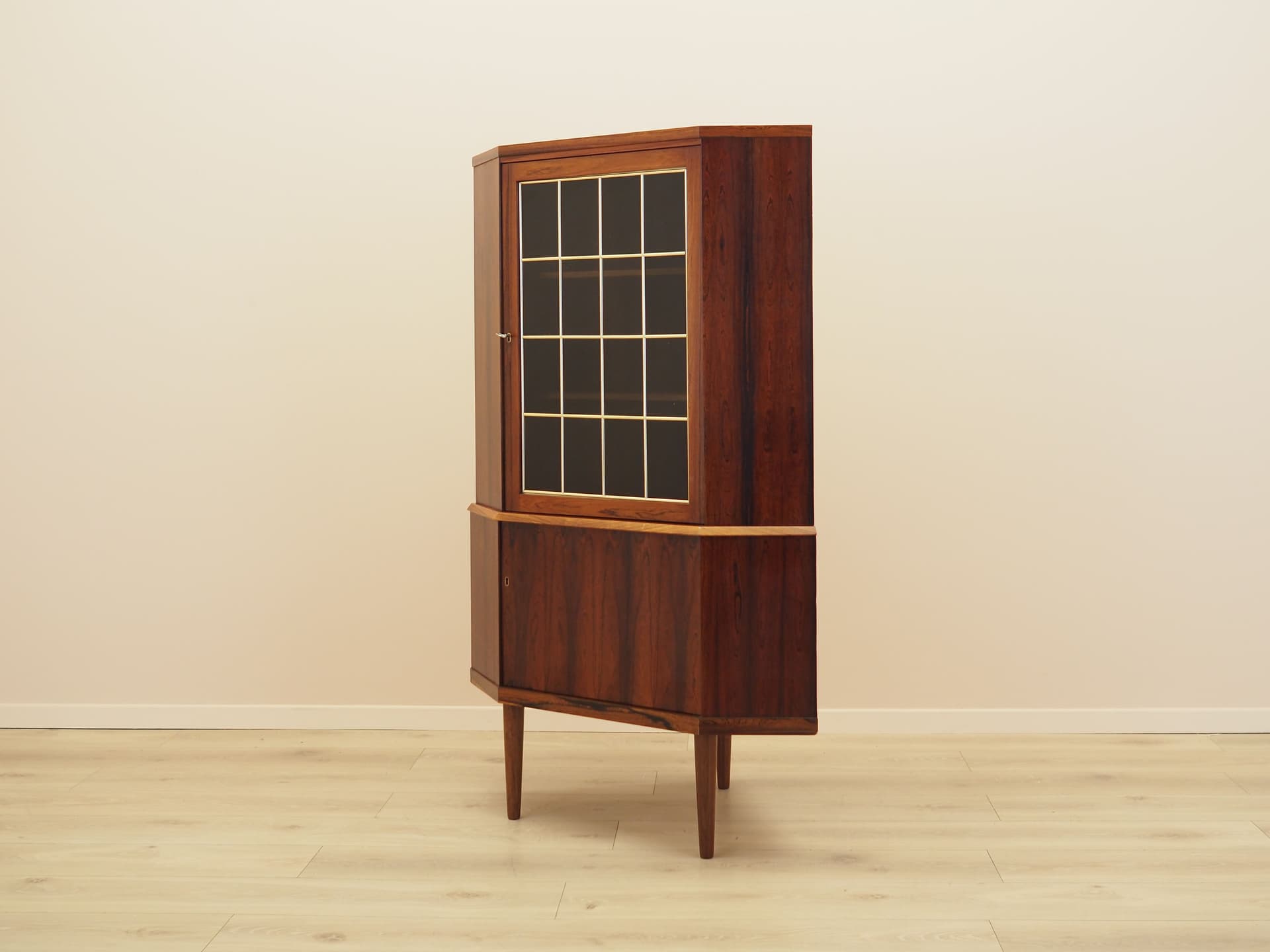 Corner display cabinet, brown rosewood, glass, beige ash, Denmark, 1970s. - 389019