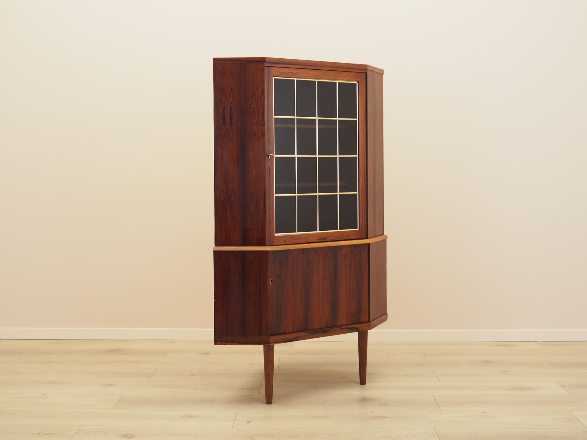Corner display cabinet, brown rosewood, glass, beige ash, Denmark, 1970s. - 389020