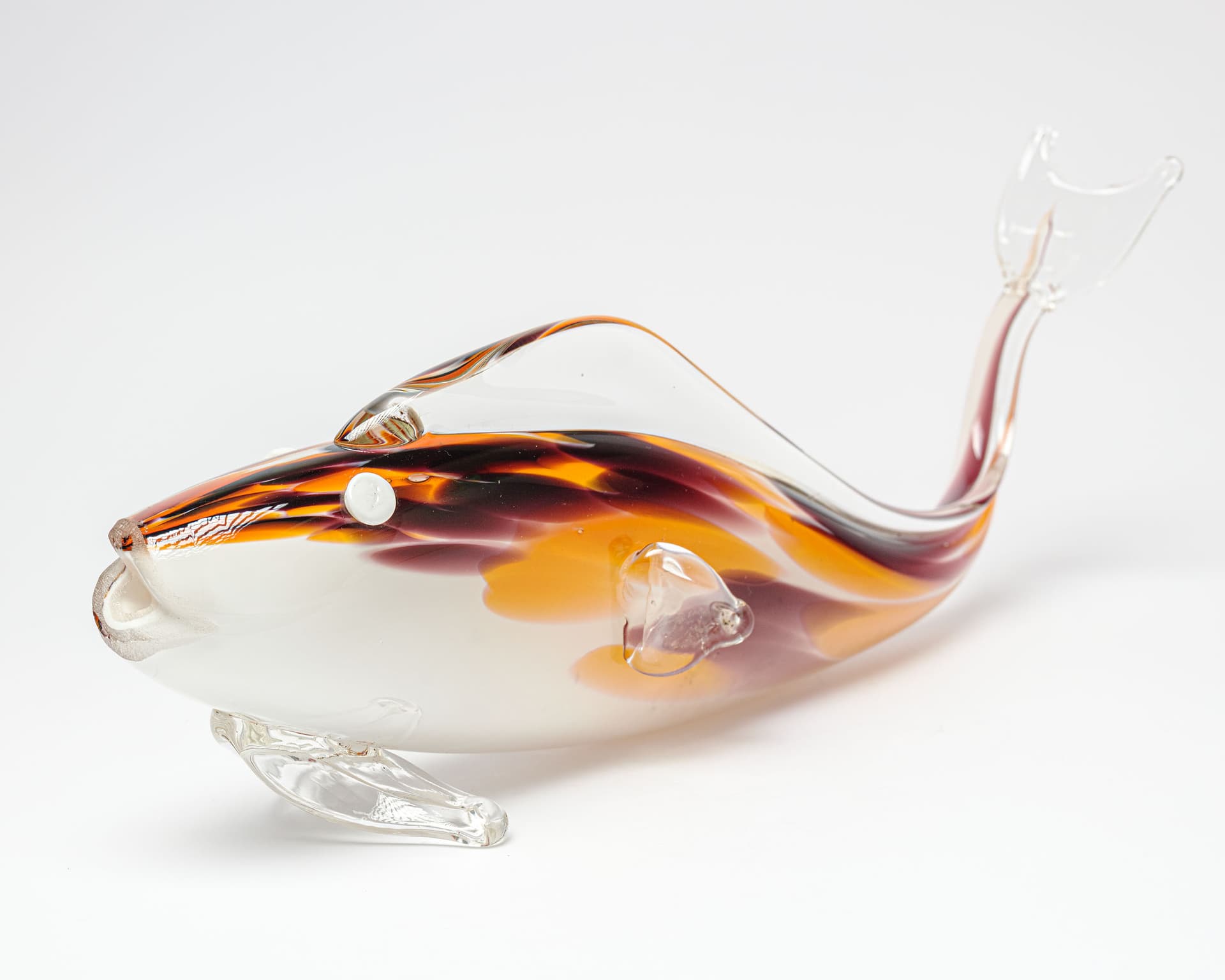 Figura ryby, szkło mlecznobiałe, pomarańczowy, fioletowy, przezroczysty, modernizm - 389272
