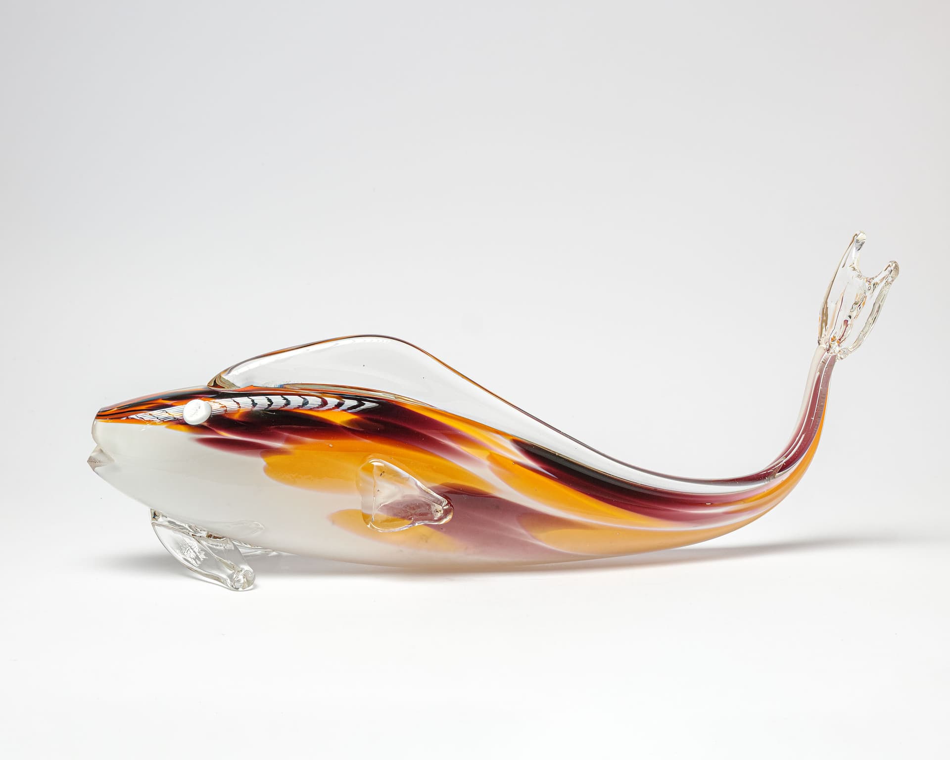 Figura ryby, szkło mlecznobiałe, pomarańczowy, fioletowy, przezroczysty, modernizm - 389274