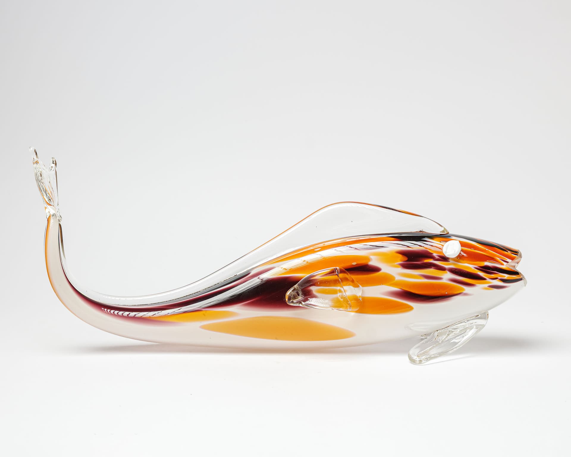 Figura ryby, szkło mlecznobiałe, pomarańczowy, fioletowy, przezroczysty, modernizm - 389275