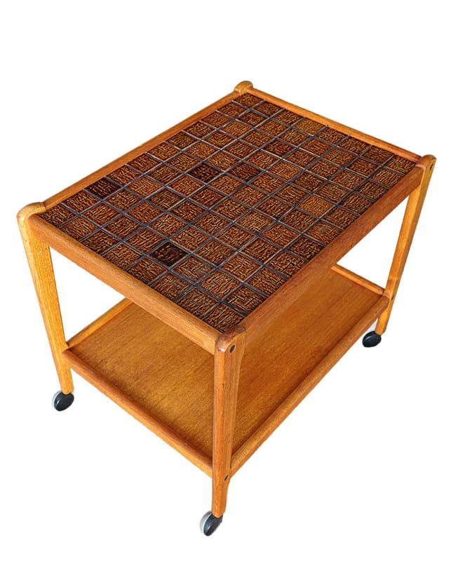 Bar cart, brown ceramic, brown wood, Denmark, 1970s - DIMENSION