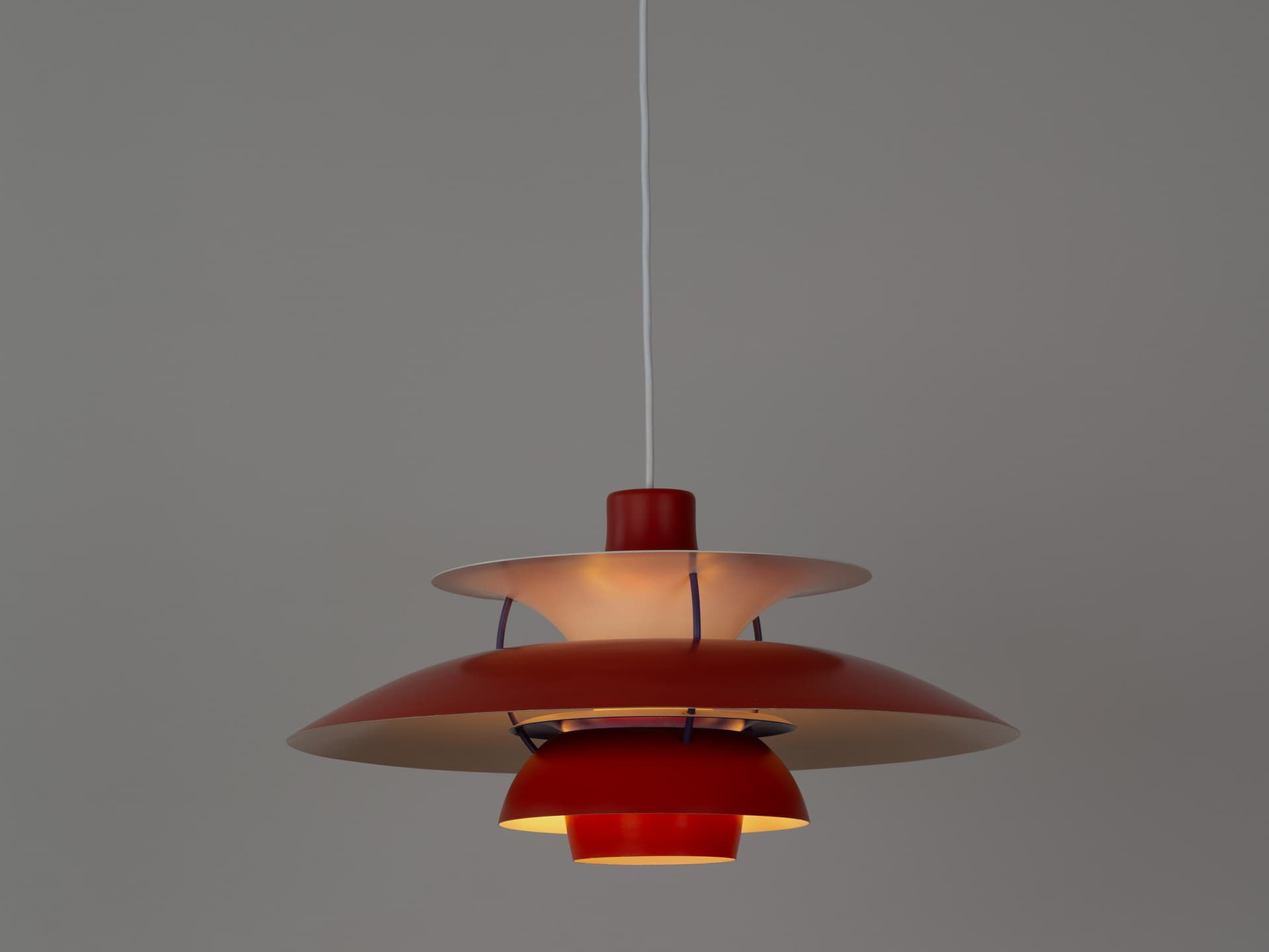 Pendant lamp PH 5, red aluminium, by P. Henningsen, Louis Poulsen, Denmark, 1960s. - 389353