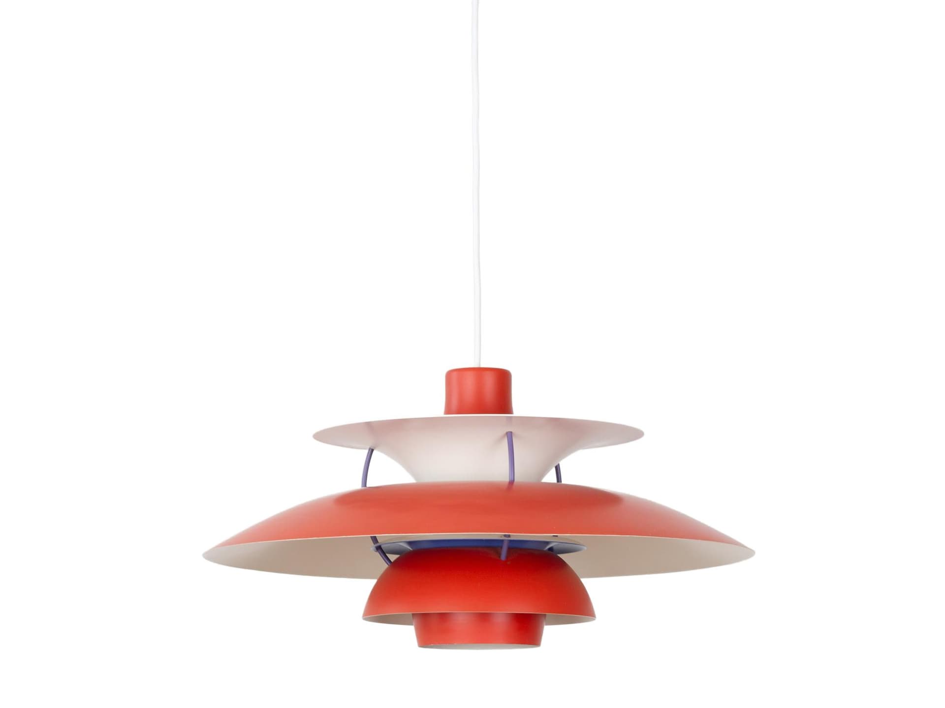 Pendant lamp PH 5, red aluminium, by P. Henningsen, Louis Poulsen, Denmark, 1960s.