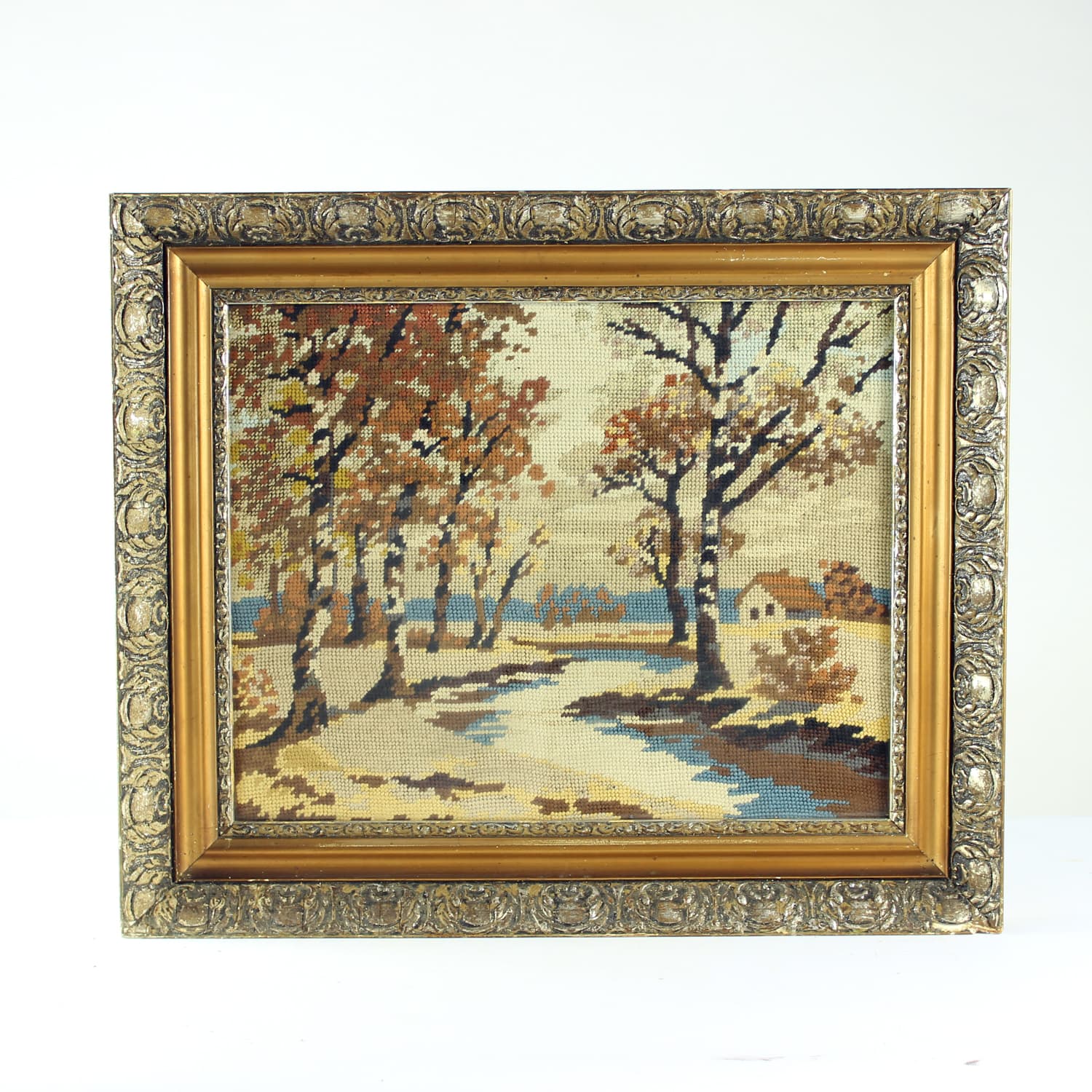 Embroidered Wall Art, brown beige blue, fabric wood, 1950s - 389403
