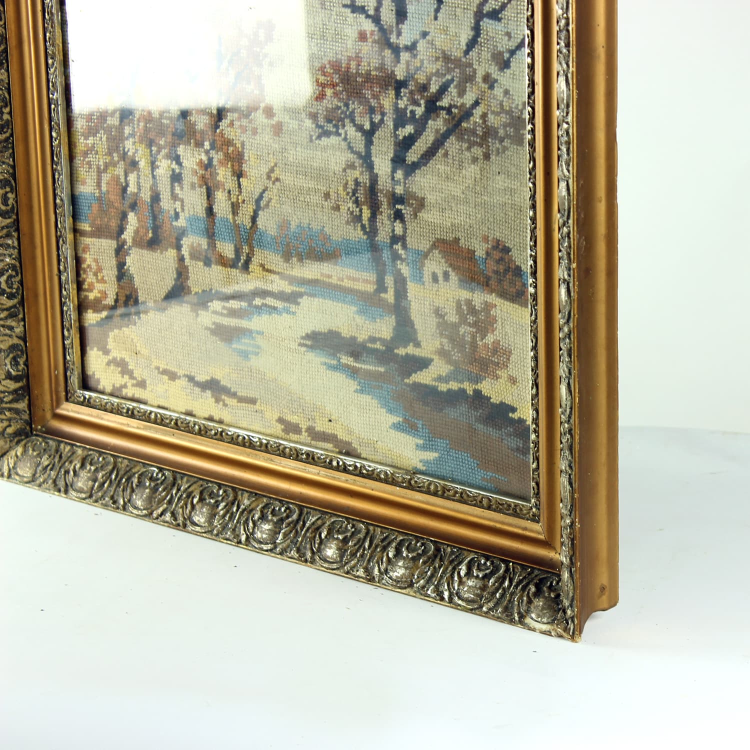 Embroidered Wall Art, brown beige blue, fabric wood, 1950s - 389406