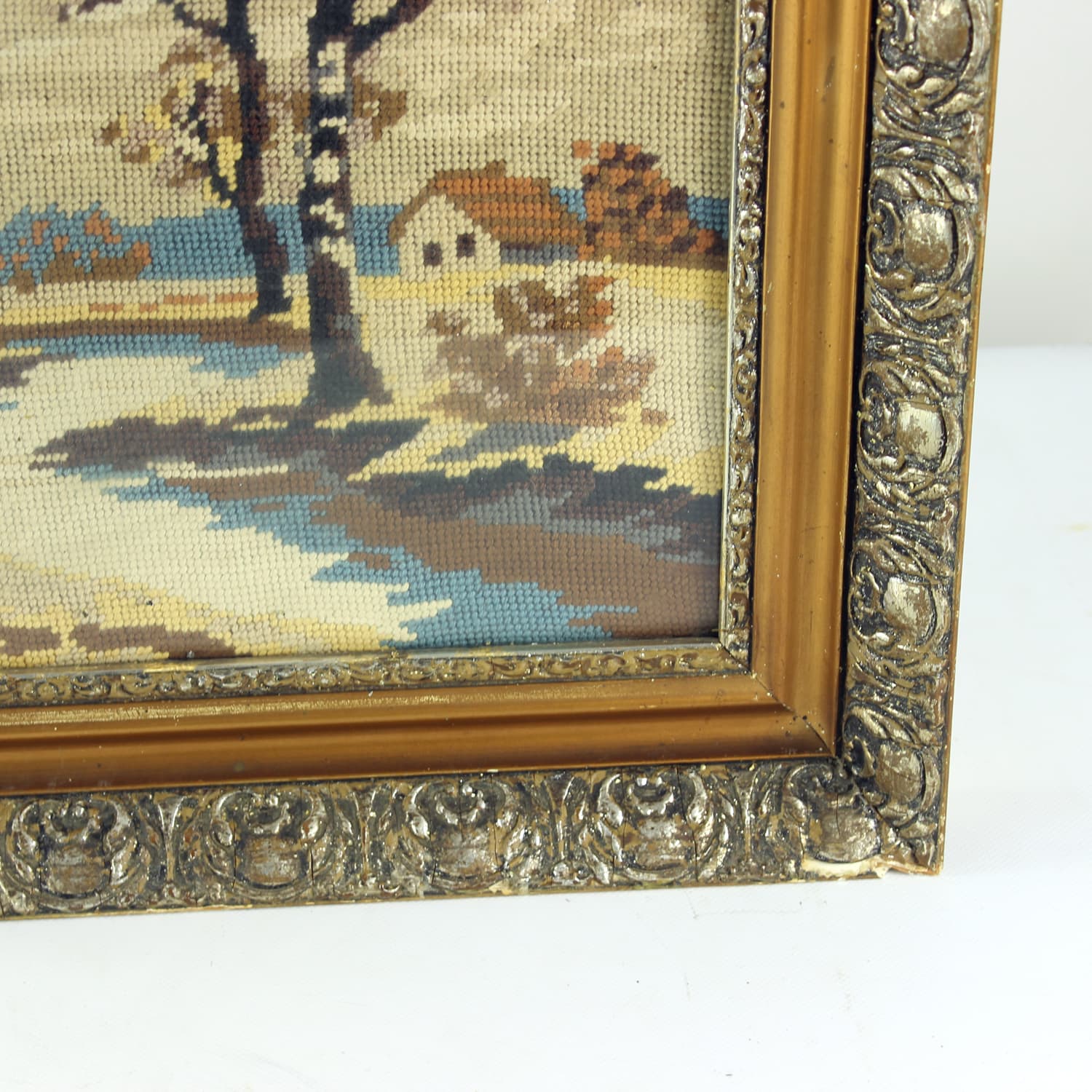 Embroidered Wall Art, brown beige blue, fabric wood, 1950s - 389405