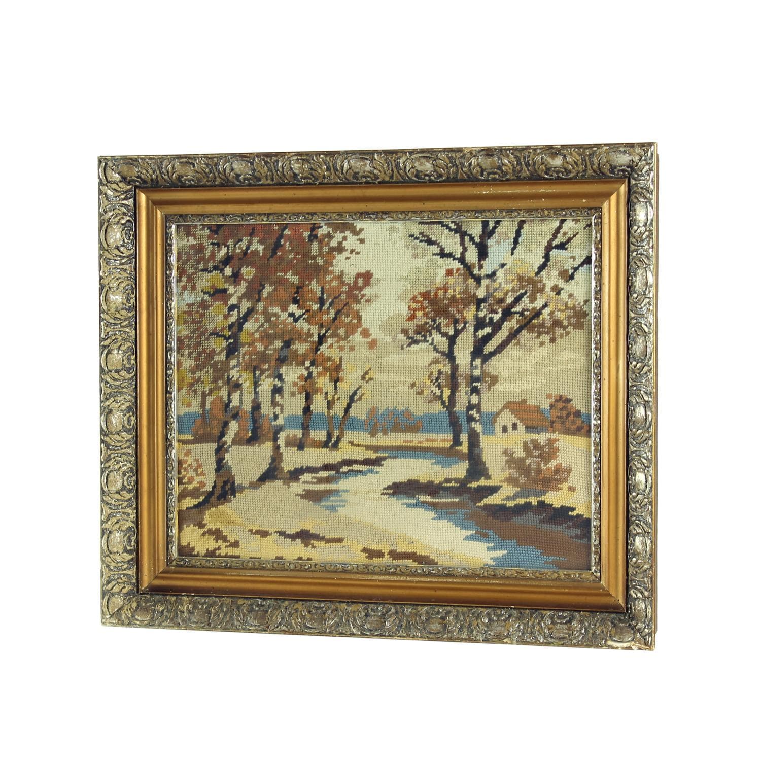 Embroidered Wall Art, brown beige blue, fabric wood, 1950s
