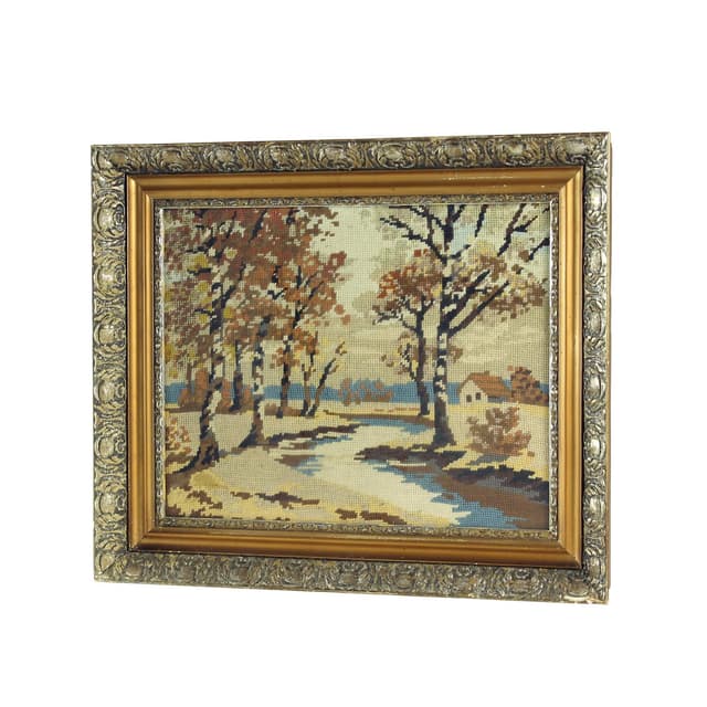 Embroidered Wall Art, brown beige blue, fabric wood, 1950s - DIMENSION