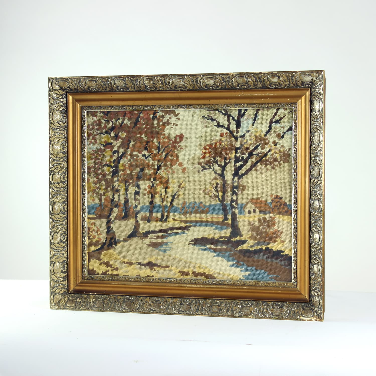 Embroidered Wall Art, brown beige blue, fabric wood, 1950s - 389398