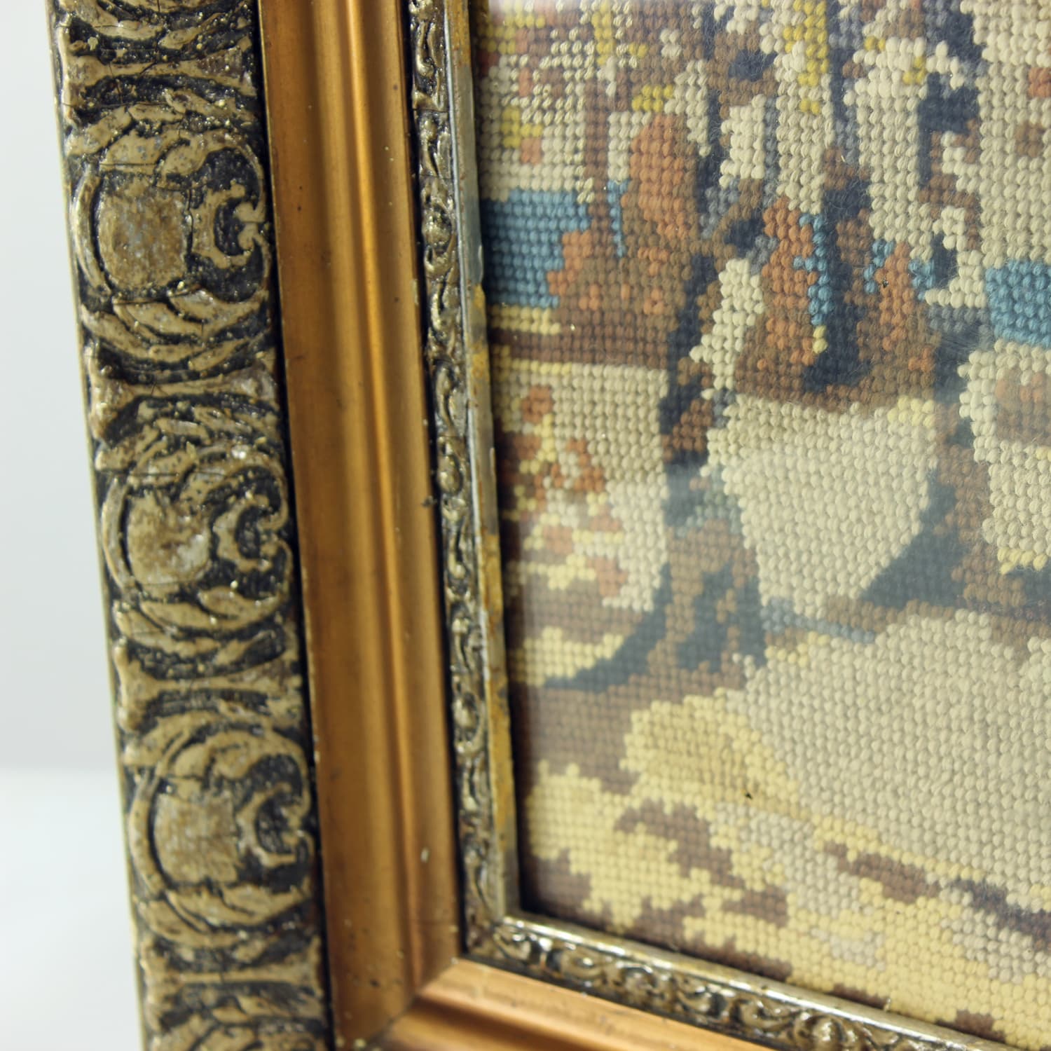 Embroidered Wall Art, brown beige blue, fabric wood, 1950s - 389402