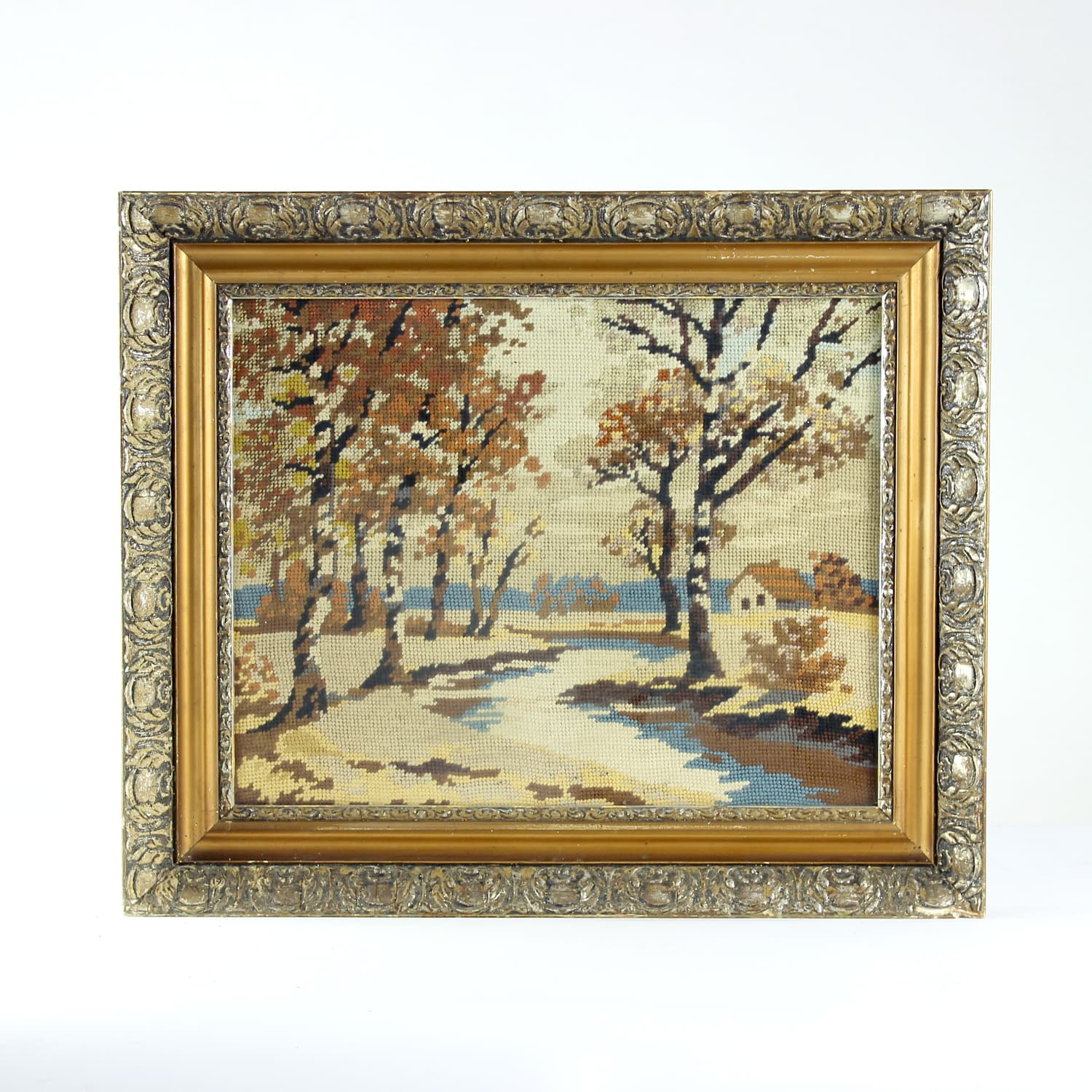 Embroidered Wall Art, brown beige blue, fabric wood, 1950s - 389400