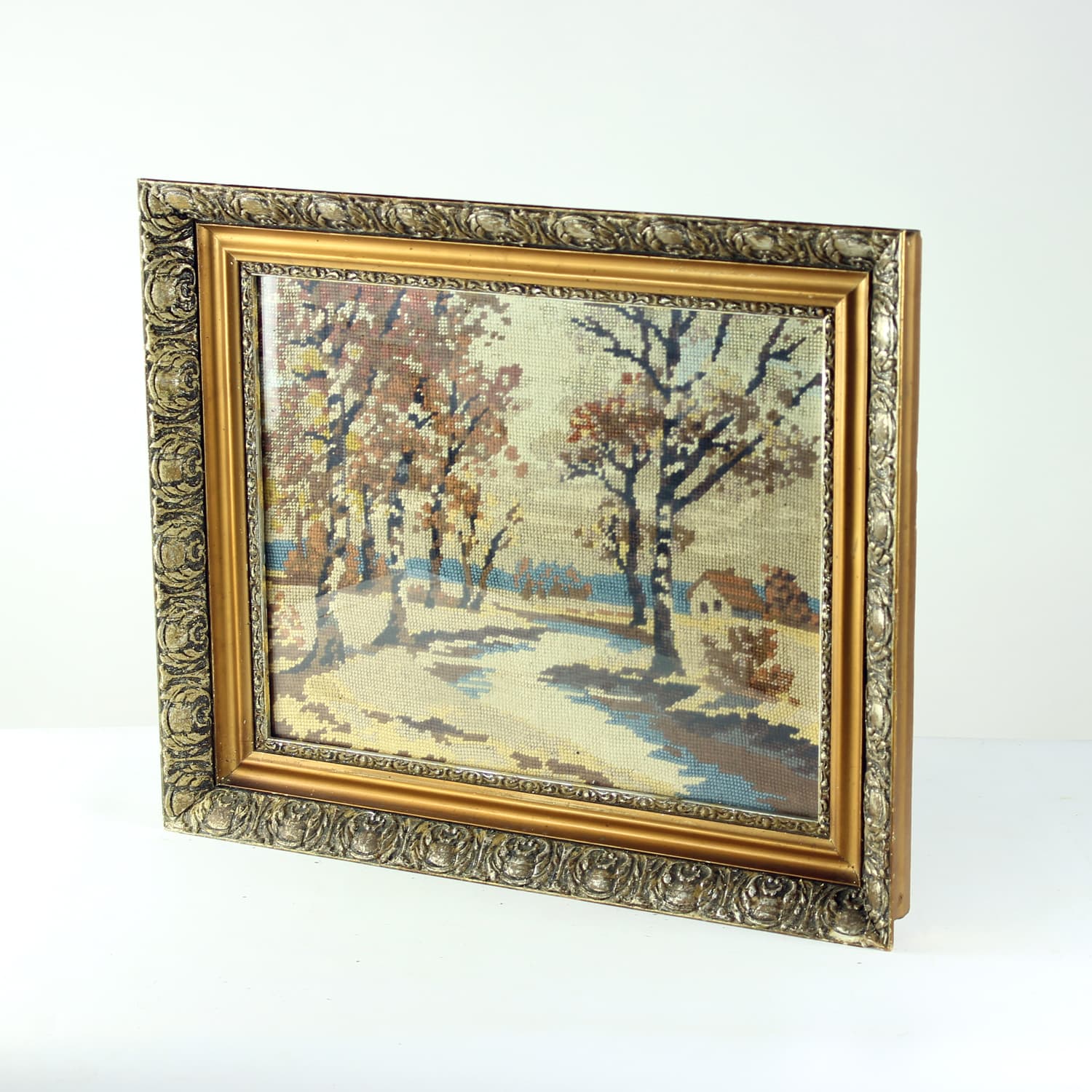 Embroidered Wall Art, brown beige blue, fabric wood, 1950s - 389399